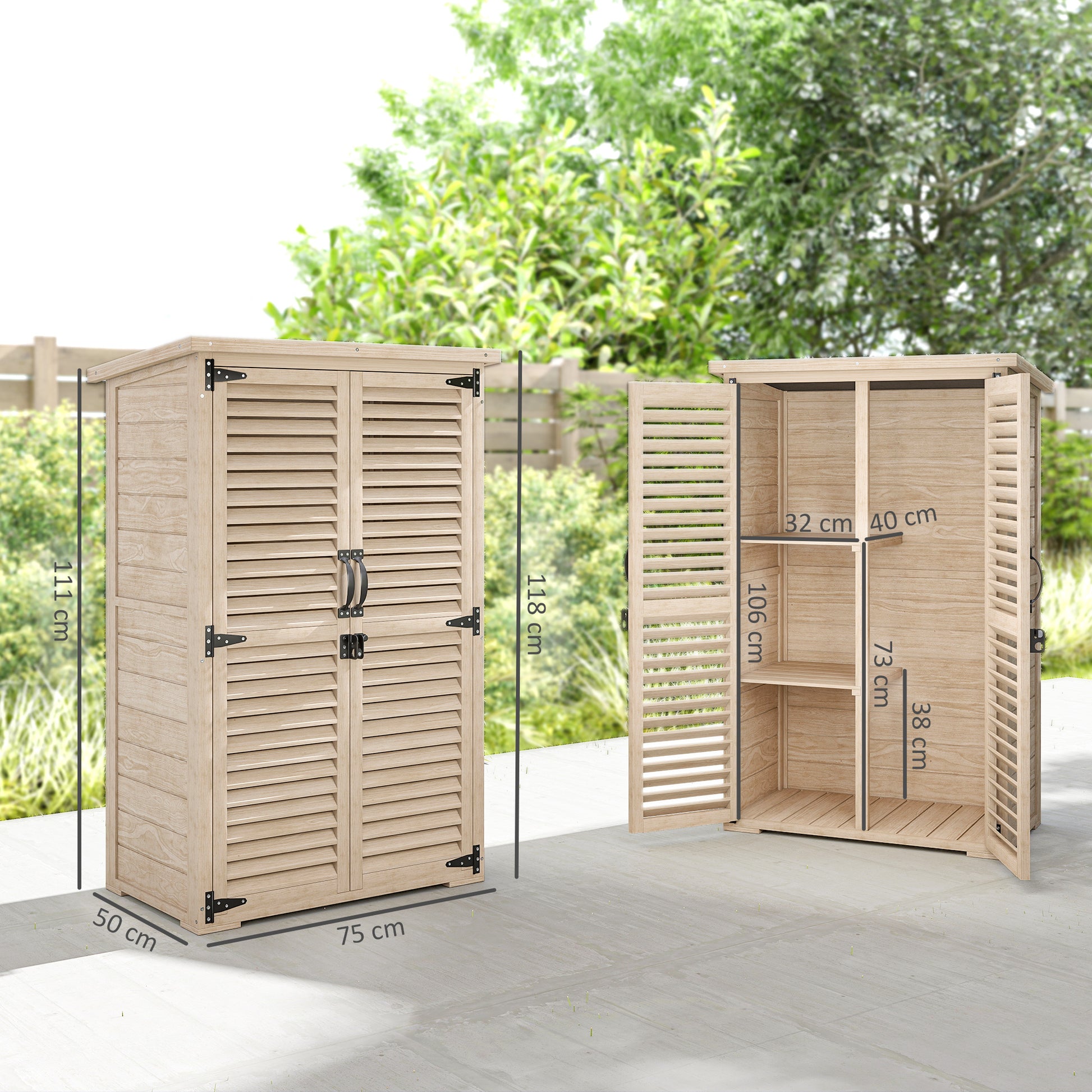 Outsunny Caseta de Jardín de Madera, 75x50x118 cm, Cobertizo Jardín Exterior, Armario para Almacenaje Herramientas, con 2 Puertas de Persiana 2 Estantes y Techo Impermeable para Patio Terraza, Natural