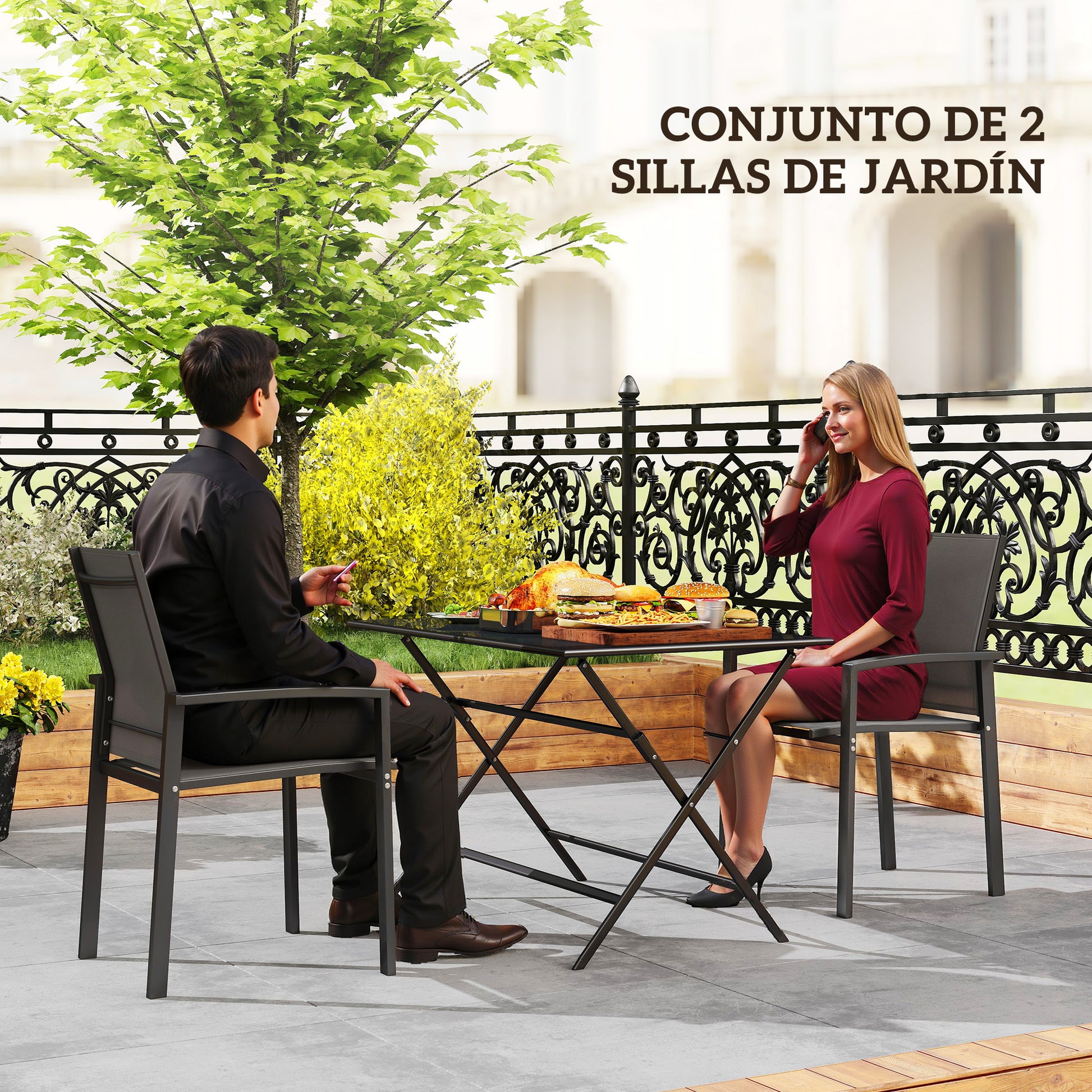 Outsunny Juego de 2 Sillas de Jardín Exterior Sillas Terraza Exterior Apilables Sillones de Comedor con Tela Transpirable Marco de Acero Reposabrazos y Respaldo 56x58x89 cm Gris Oscuro