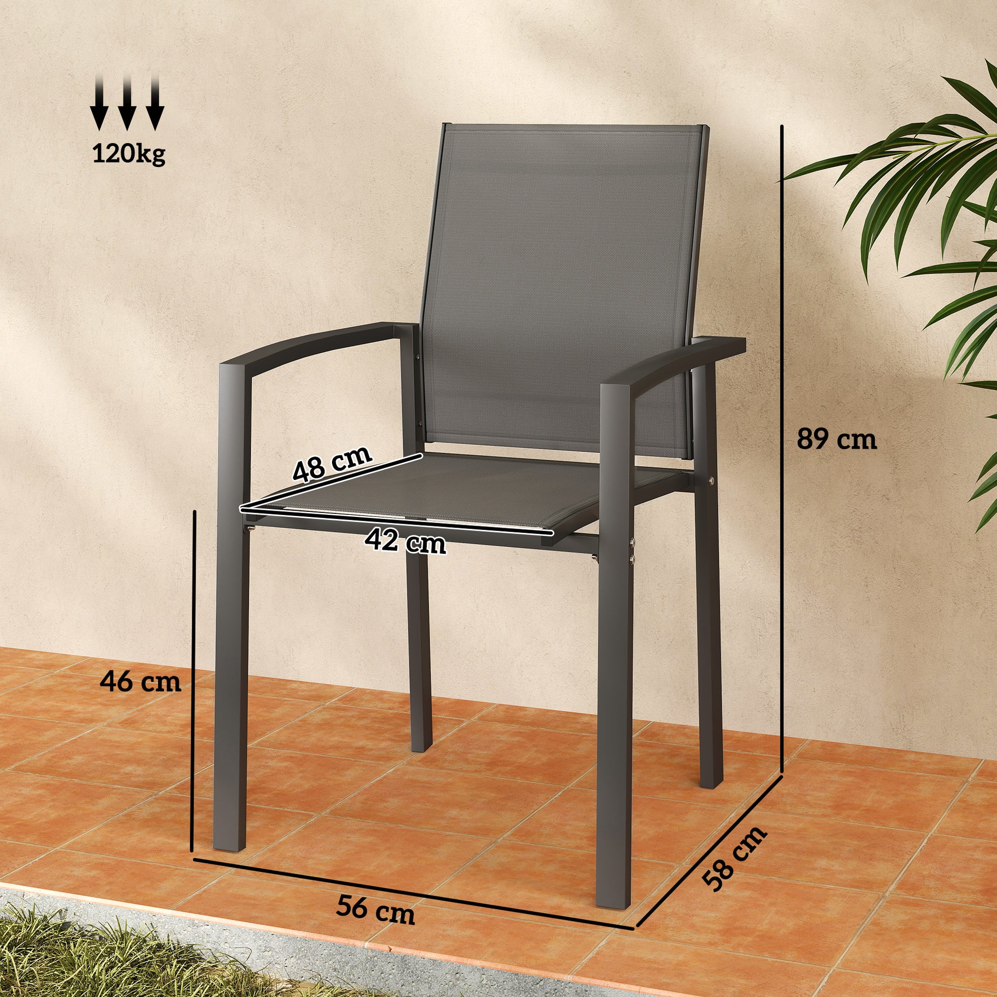 Outsunny Juego de 2 Sillas de Jardín Exterior Sillas Terraza Exterior Apilables Sillones de Comedor con Tela Transpirable Marco de Acero Reposabrazos y Respaldo 56x58x89 cm Gris Oscuro