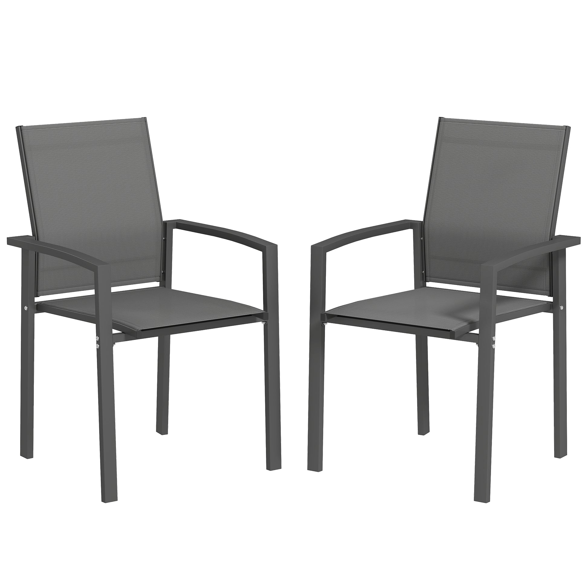 Outsunny Juego de 2 Sillas de Jardín Exterior Sillas Terraza Exterior Apilables Sillones de Comedor con Tela Transpirable Marco de Acero Reposabrazos y Respaldo 56x58x89 cm Gris Oscuro