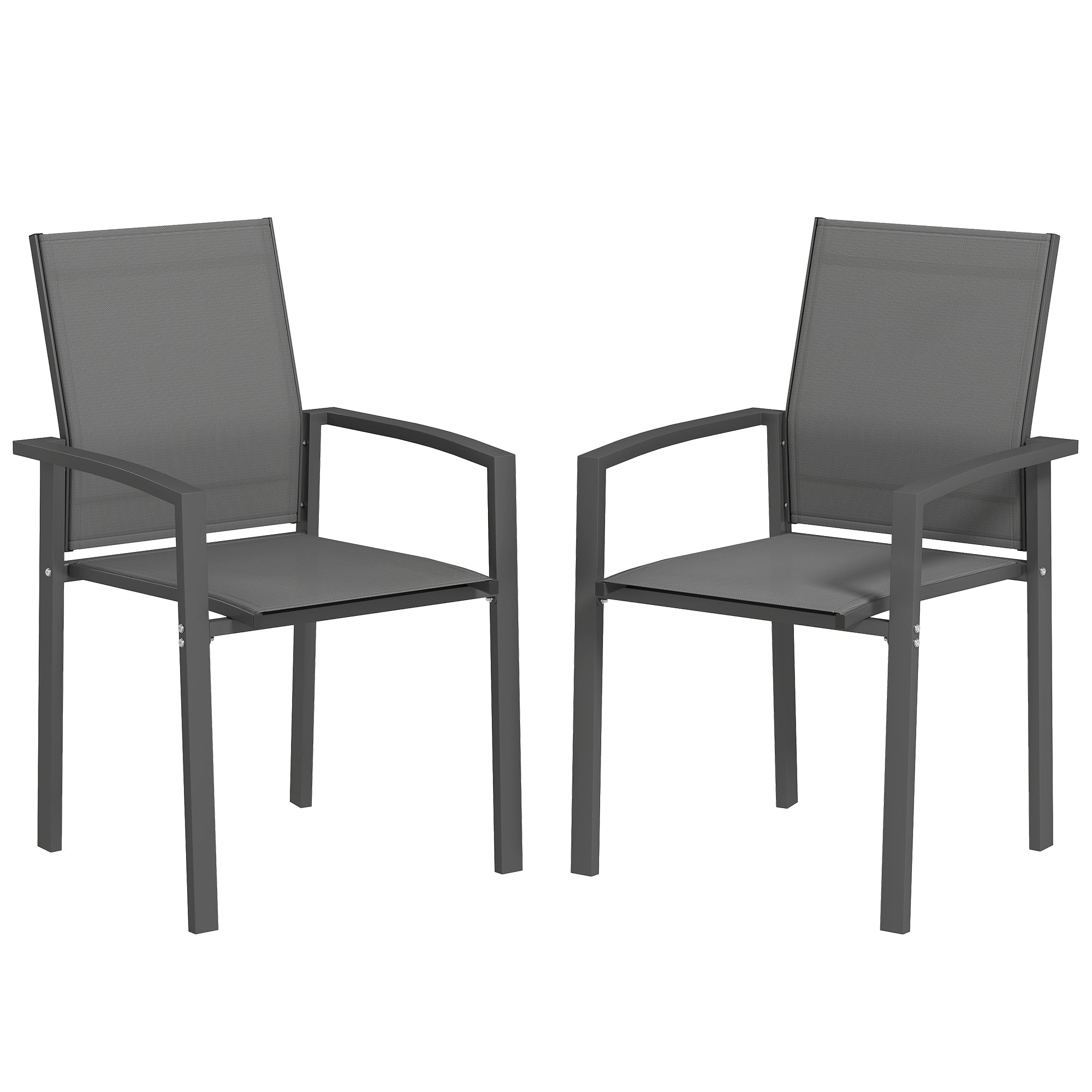 Outsunny Juego de 2 Sillas de Jardín Exterior Sillas Terraza Exterior Apilables Sillones de Comedor con Tela Transpirable Marco de Acero Reposabrazos y Respaldo 56x58x89 cm Gris Oscuro