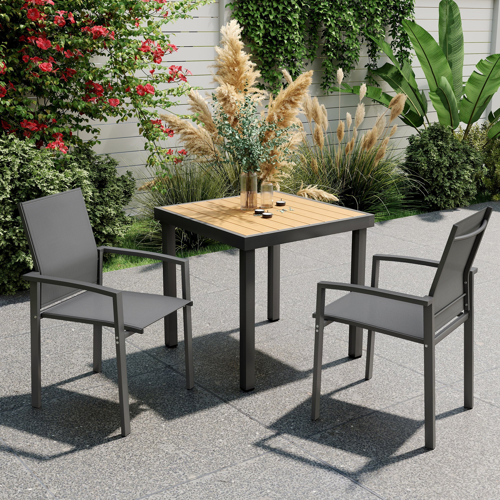 Outsunny Juego de 2 Sillas de Jardín Exterior Sillas Terraza Exterior Apilables Sillones de Comedor con Tela Transpirable Marco de Acero Reposabrazos y Respaldo 56x58x89 cm Gris Oscuro