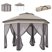 Outsunny Carpa Plegable 4x3,4 m, Cenador de Jardín Hexagonal con Doble Techo, 6 Mosquiteras Extraíbles y Bolsa de Transporte, Impermeable, Anti-UV para Exterior, Fiestas, Marrón y Beige