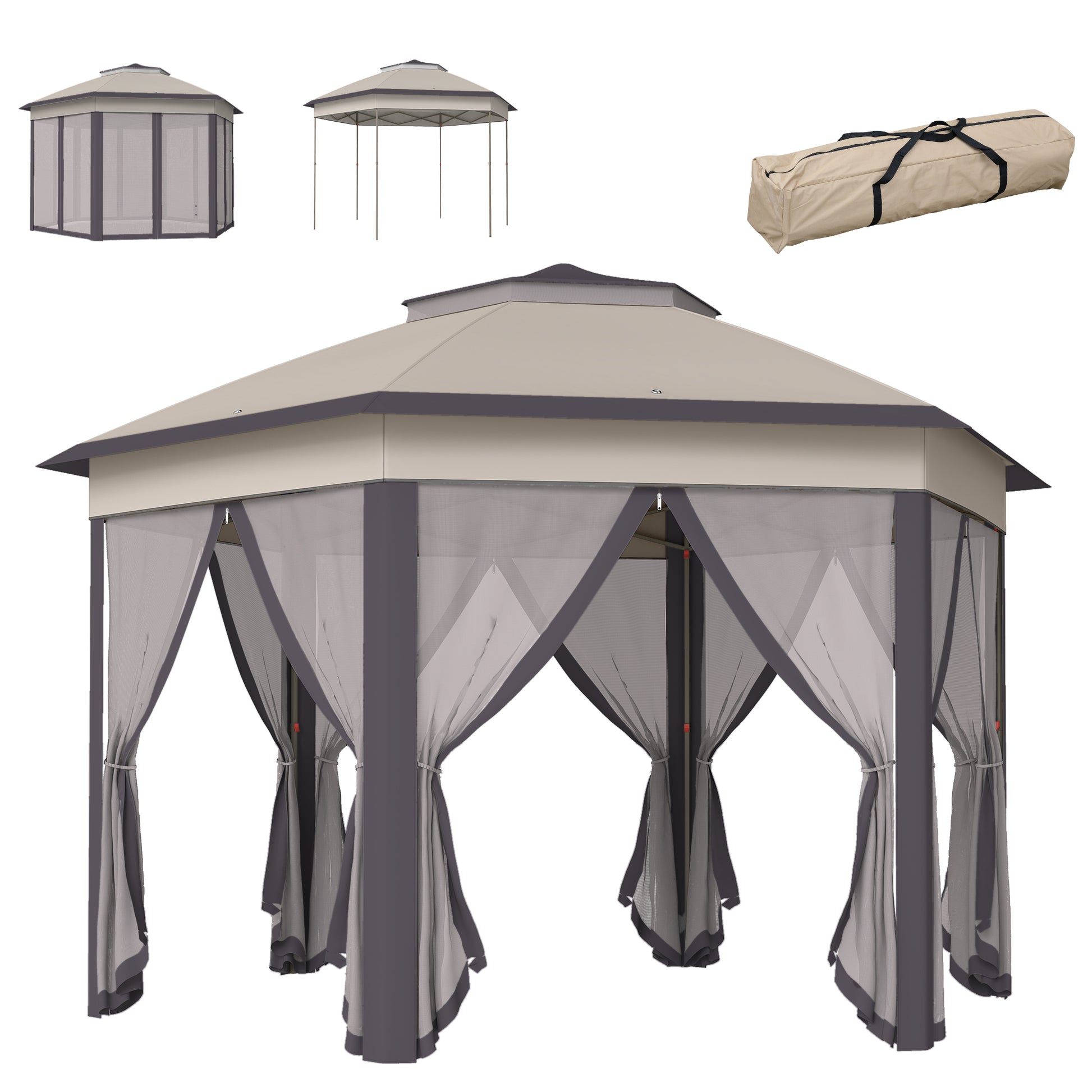 Outsunny Carpa Plegable 4x3,4 m, Cenador de Jardín Hexagonal con Doble Techo, 6 Mosquiteras Extraíbles y Bolsa de Transporte, Impermeable, Anti-UV para Exterior, Fiestas, Marrón y Beige