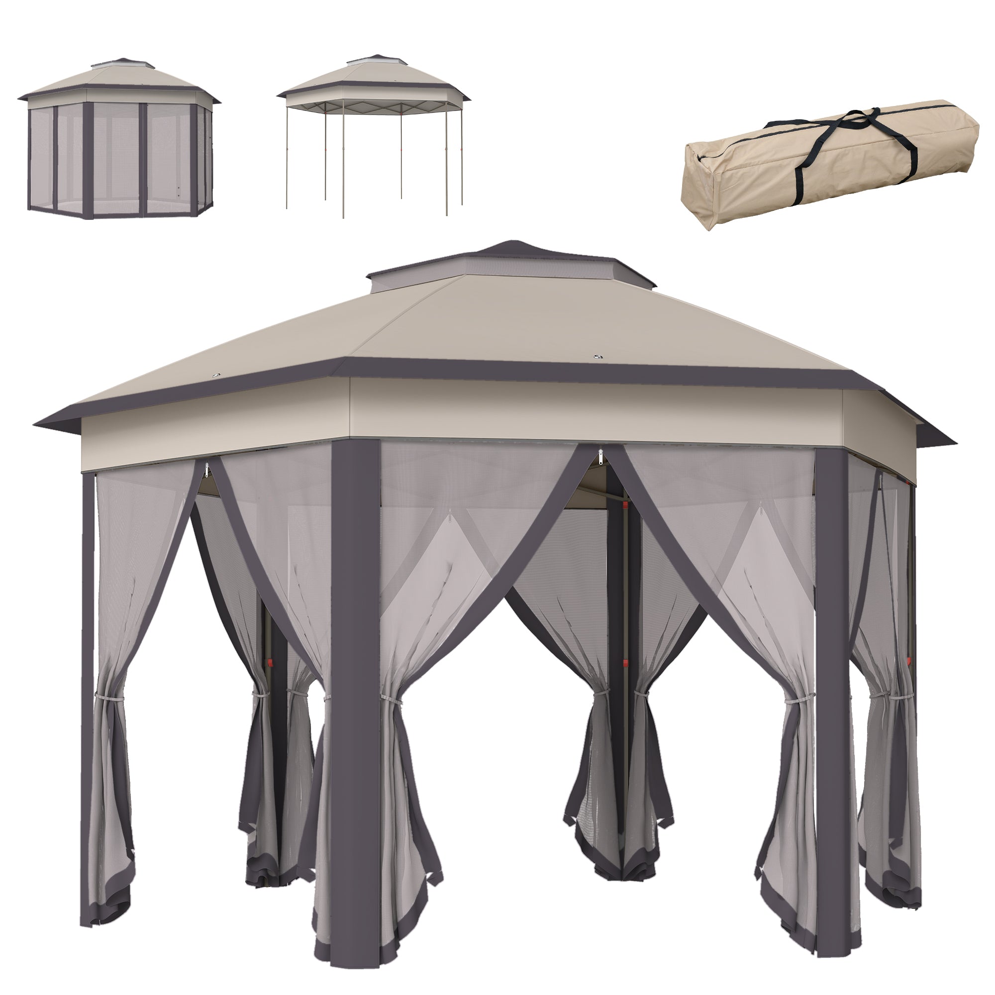 Outsunny Carpa Plegable 4x3,4 m, Cenador de Jardín Hexagonal con Doble Techo, 6 Mosquiteras Extraíbles y Bolsa de Transporte, Impermeable, Anti-UV para Exterior, Fiestas, Marrón y Beige