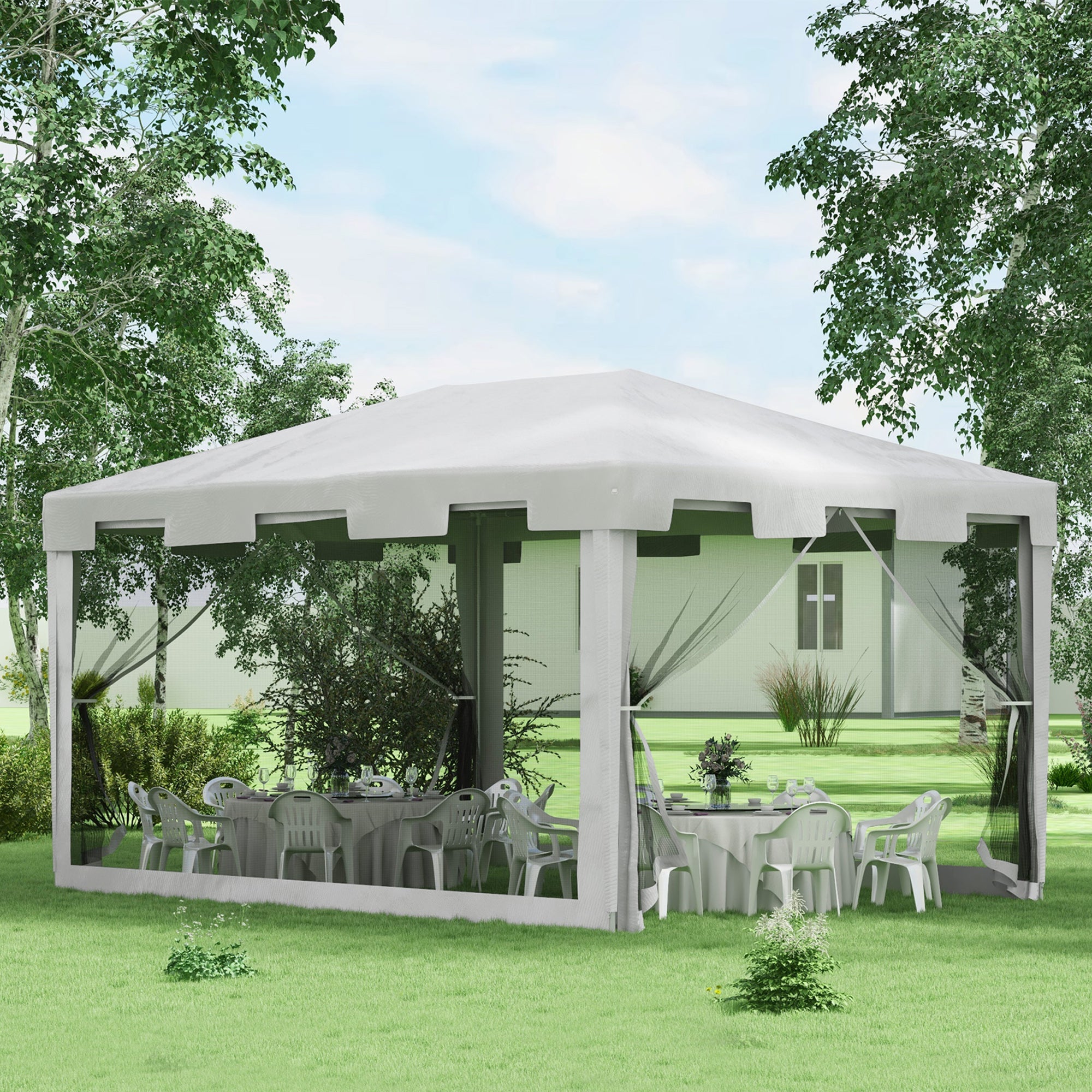 Outsunny Carpa de Jardín 4x3 m Cenador Desmontable Exterior con 4 Mosquiteras Laterales 2 Puertas con Cremallera y 6 Orificios de Drenaje Impermeable Anti-UV para Terraza Patio Playa Blanco y Negro