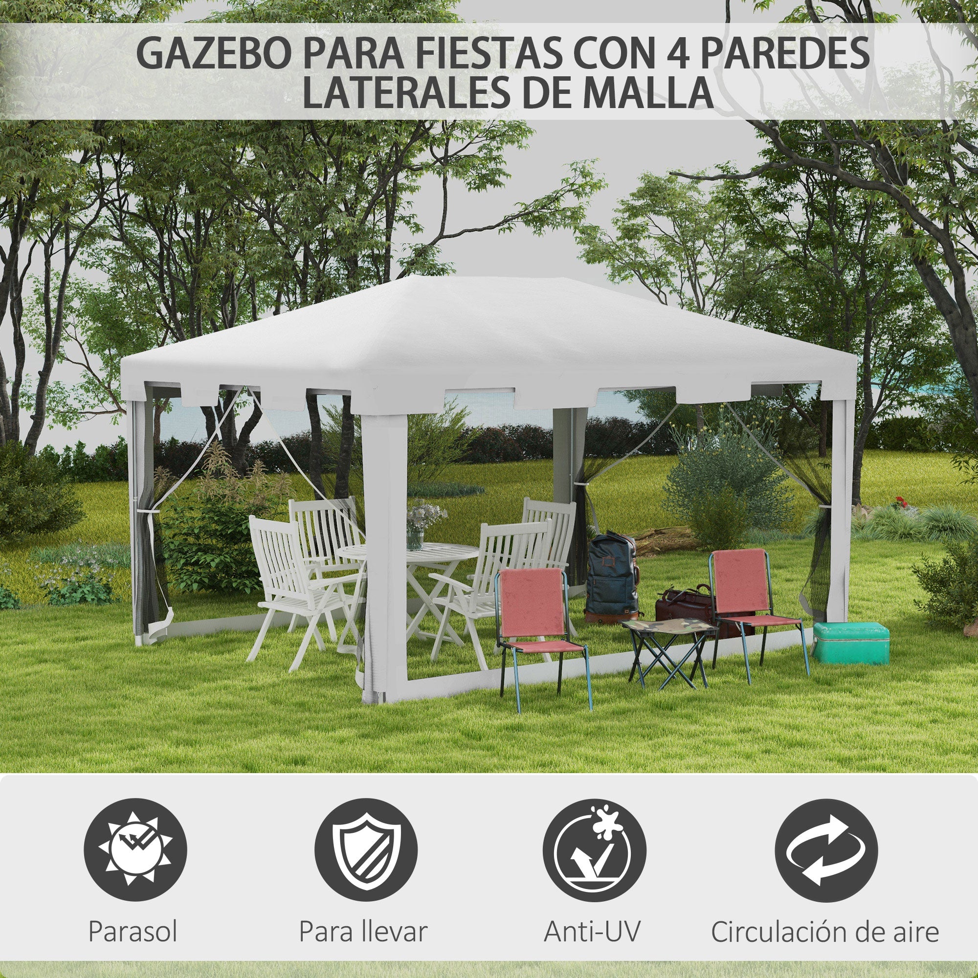 Outsunny Carpa de Jardín 4x3 m Cenador Desmontable Exterior con 4 Mosquiteras Laterales 2 Puertas con Cremallera y 6 Orificios de Drenaje Impermeable Anti-UV para Terraza Patio Playa Blanco y Negro