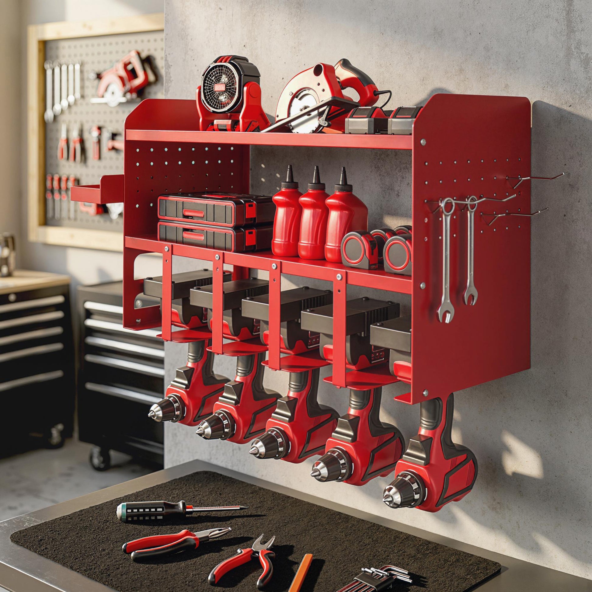 Outsunny Organizador de Herramientas Eléctricas de Jardín, Estante de Almacenamiento de Pared de 2 Niveles para 5 Taladros, Soporte de Metal con Bandeja Lateral y 4 Ganchos, para Garaje,Taller, Rojo