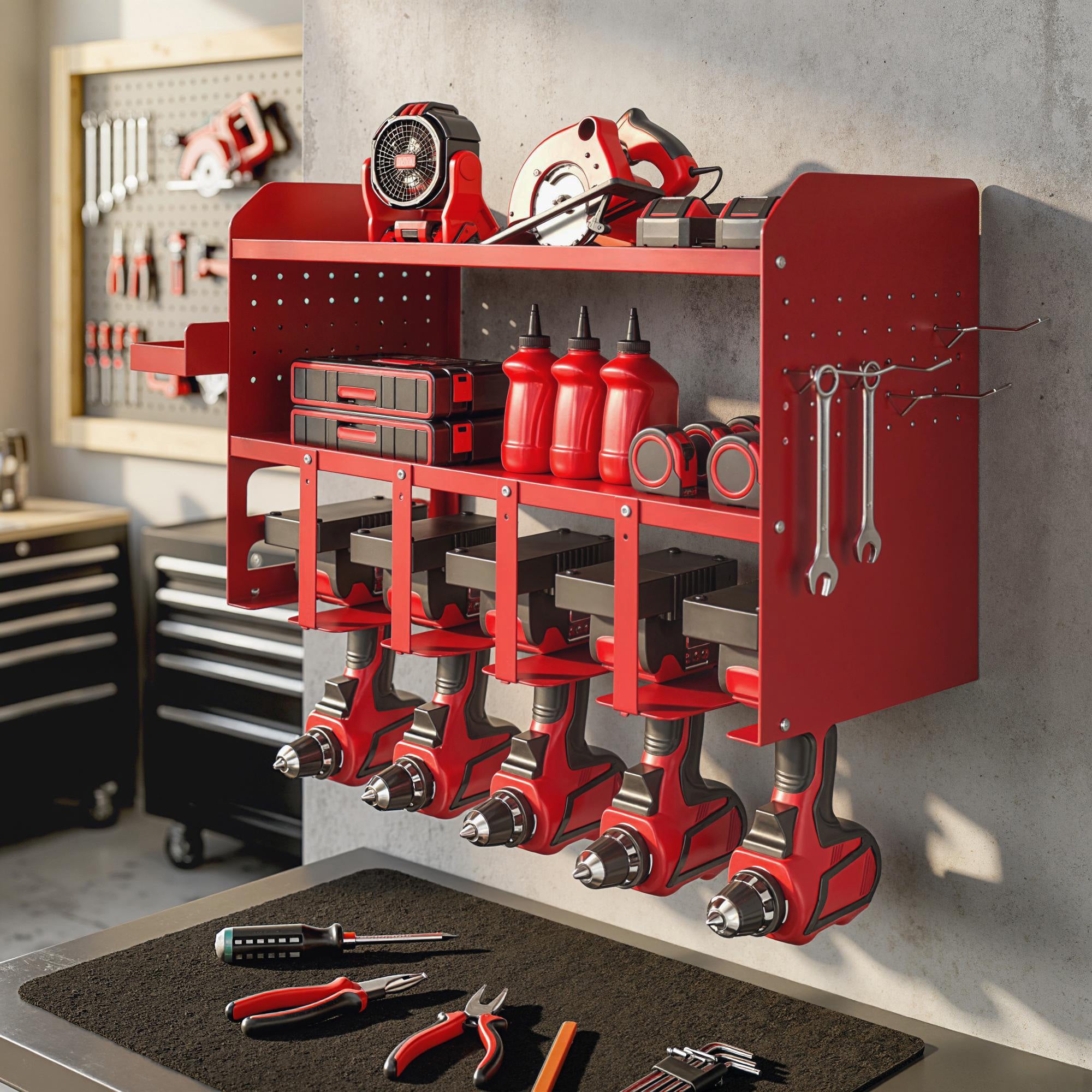 Outsunny Organizador de Herramientas Eléctricas de Jardín, Estante de Almacenamiento de Pared de 2 Niveles para 5 Taladros, Soporte de Metal con Bandeja Lateral y 4 Ganchos, para Garaje,Taller, Rojo