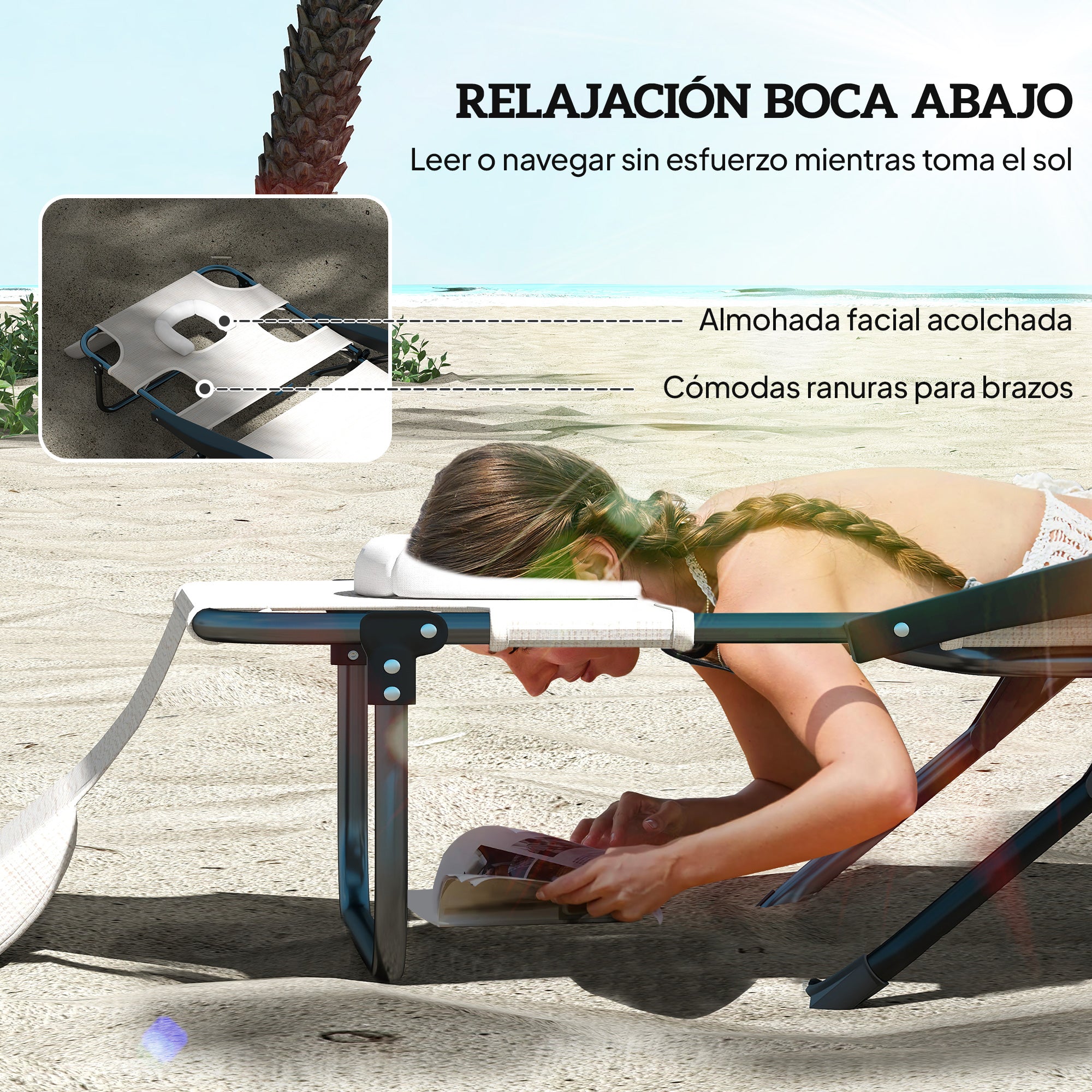 Outsunny Tumbona Plegable Tumbona de Jardín con Respaldo Ajustable en 4 Niveles Orificio de Lectura y Reposacabezas para Terraza Piscina 194x72x31 cm Crema