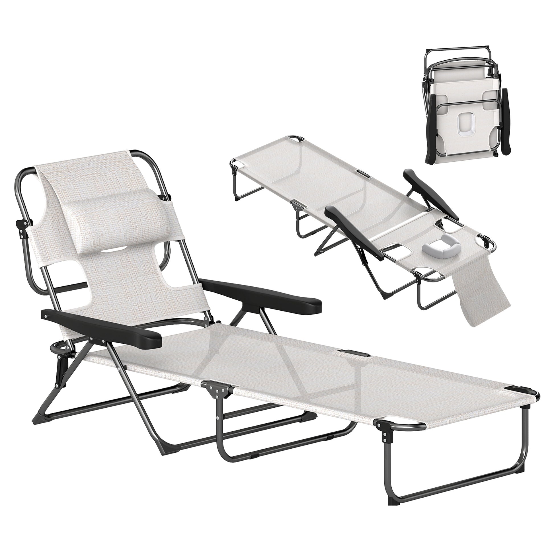 Outsunny Tumbona Plegable Tumbona de Jardín con Respaldo Ajustable en 4 Niveles Orificio de Lectura y Reposacabezas para Terraza Piscina 194x72x31 cm Crema