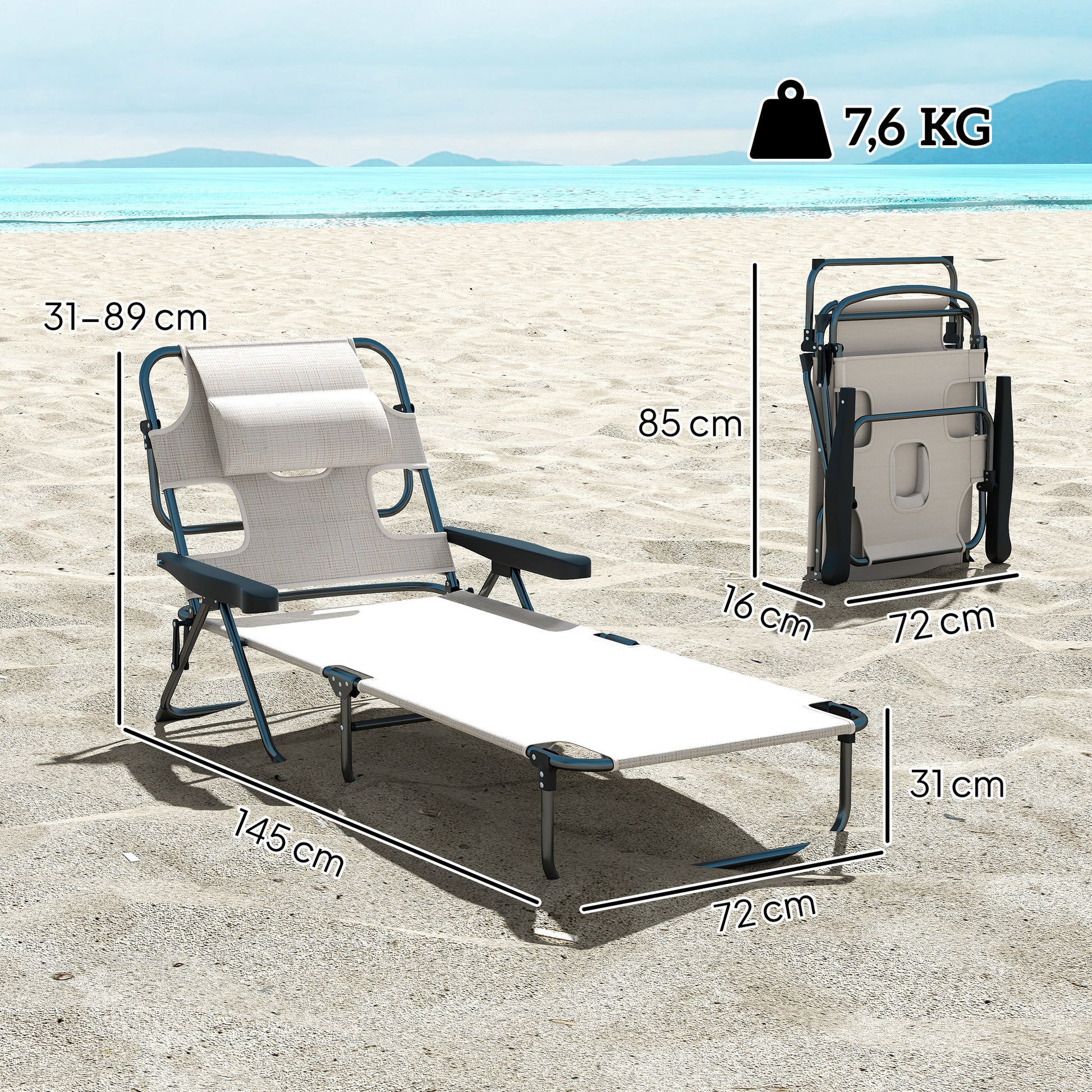 Outsunny Tumbona Plegable Tumbona de Jardín con Respaldo Ajustable en 4 Niveles Orificio de Lectura y Reposacabezas para Terraza Piscina 194x72x31 cm Crema