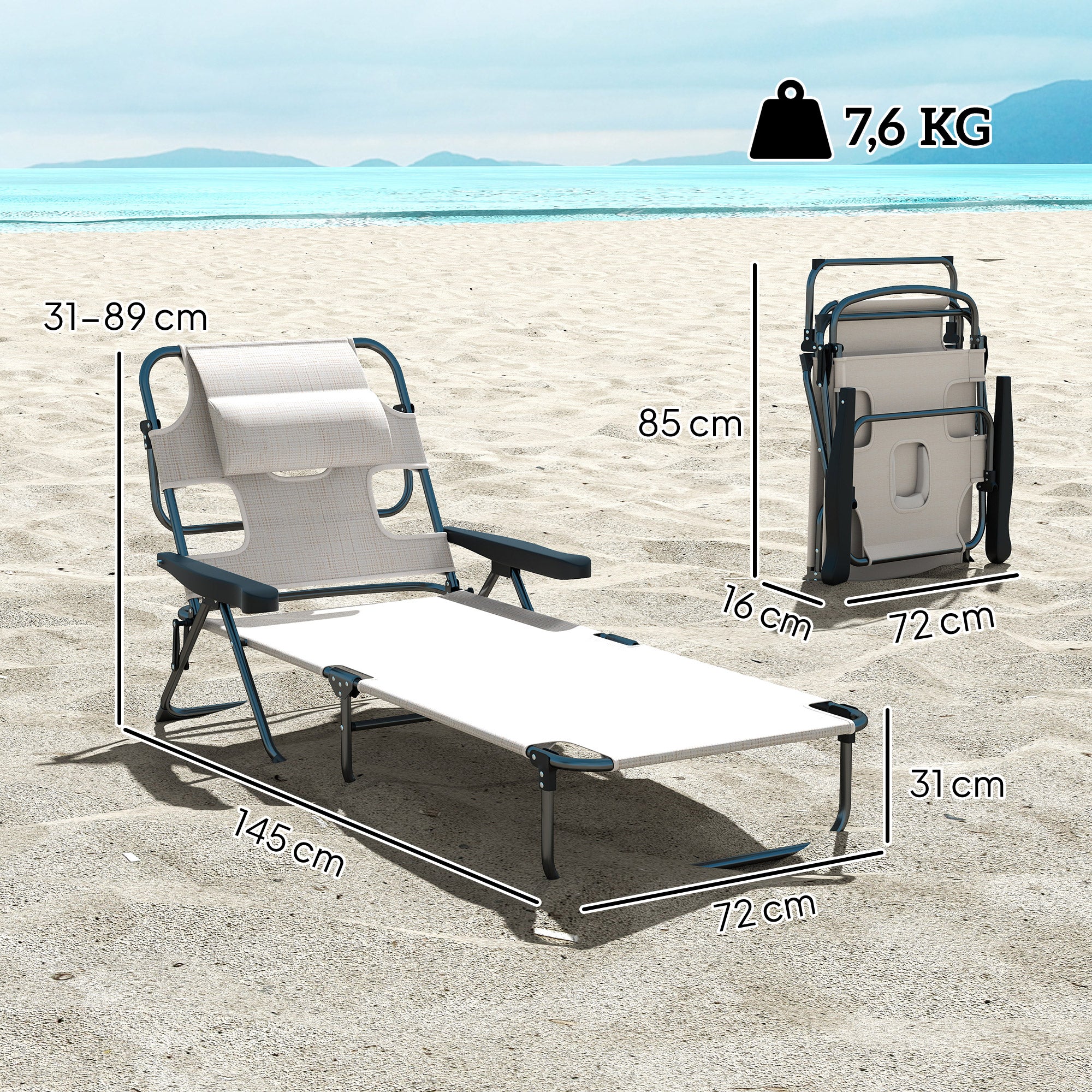 Outsunny Tumbona Plegable Tumbona de Jardín con Respaldo Ajustable en 4 Niveles Orificio de Lectura y Reposacabezas para Terraza Piscina 194x72x31 cm Crema