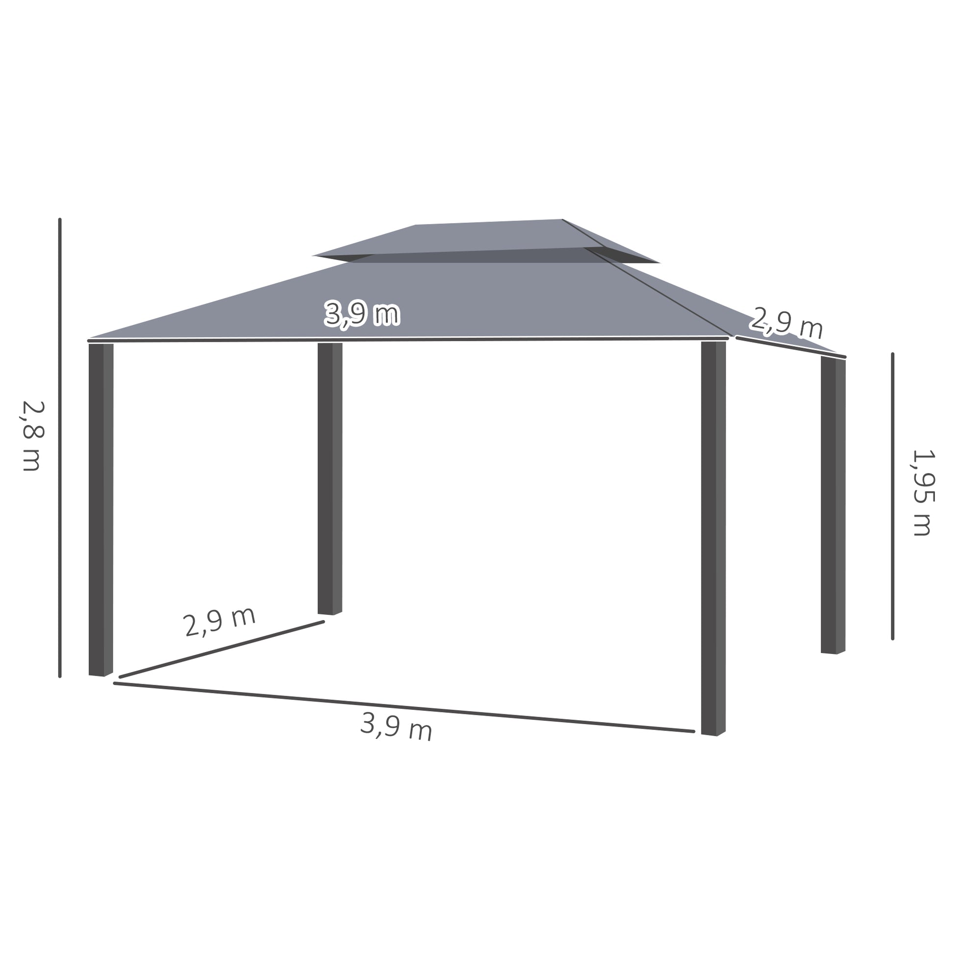 Outsunny Cenador de Jardín 4x3 m, Pabellón de Jardín Gazebo con Doble Techo, 4 Cortinas y Mosquitera, Marco de Aluminio, Orificios de Drenaje, UPF50+, Carpa para Exterior, Terraza, Patio, Gris