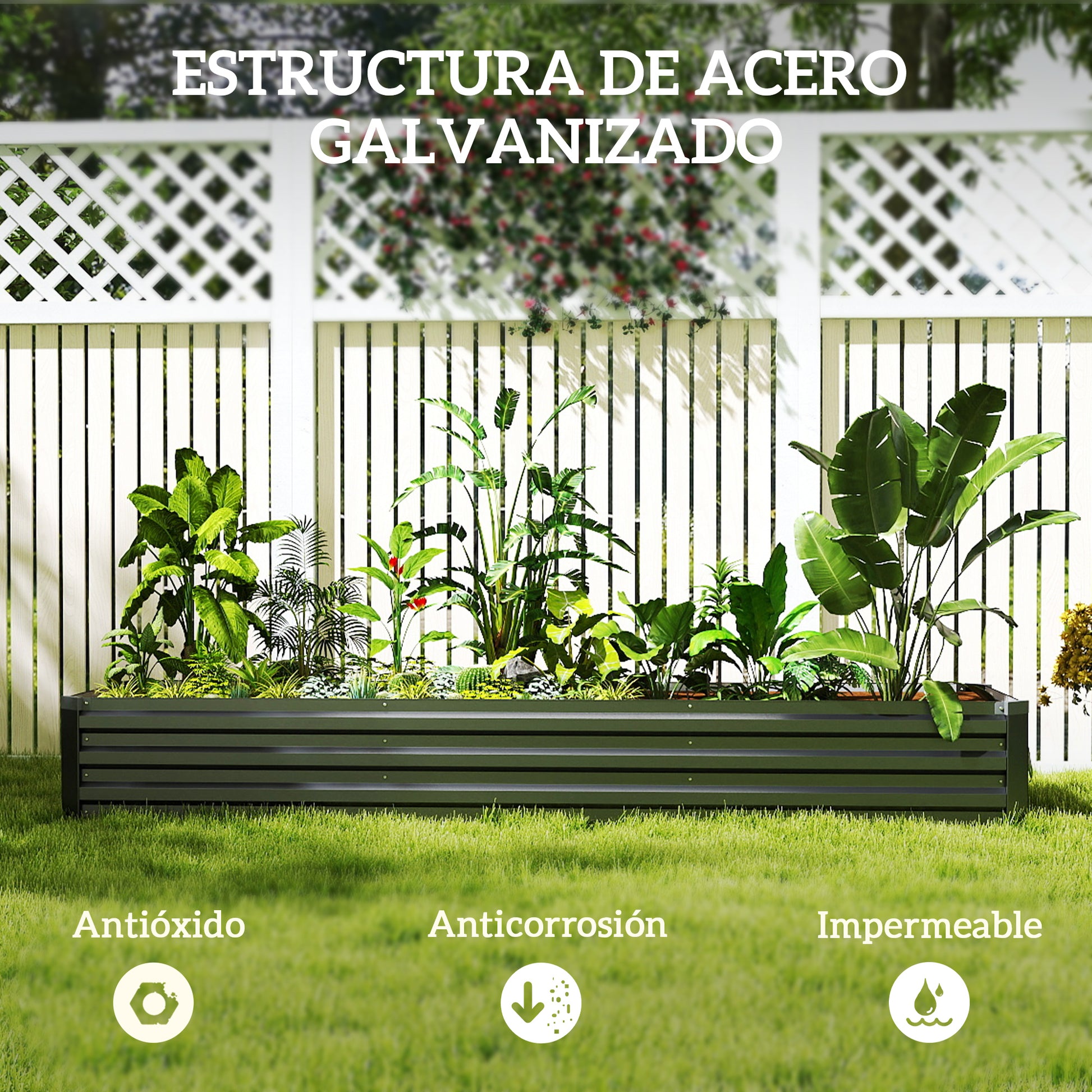 Outsunny Jardinera Exterior Grande Rectangular de Acero Galvanizado, Huerto Urbano para Cultivar Plantas Hierba, Macetero Grande Exterior con Base Abierta Resistente a la Intemperie 240x60x30 cm Gris