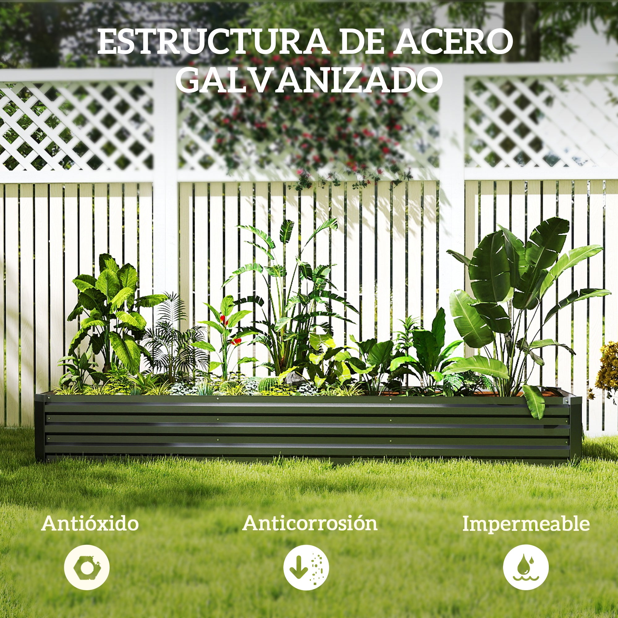 Outsunny Jardinera Exterior Grande Rectangular de Acero Galvanizado, Huerto Urbano para Cultivar Plantas Hierba, Macetero Grande Exterior con Base Abierta Resistente a la Intemperie 240x60x30 cm Gris