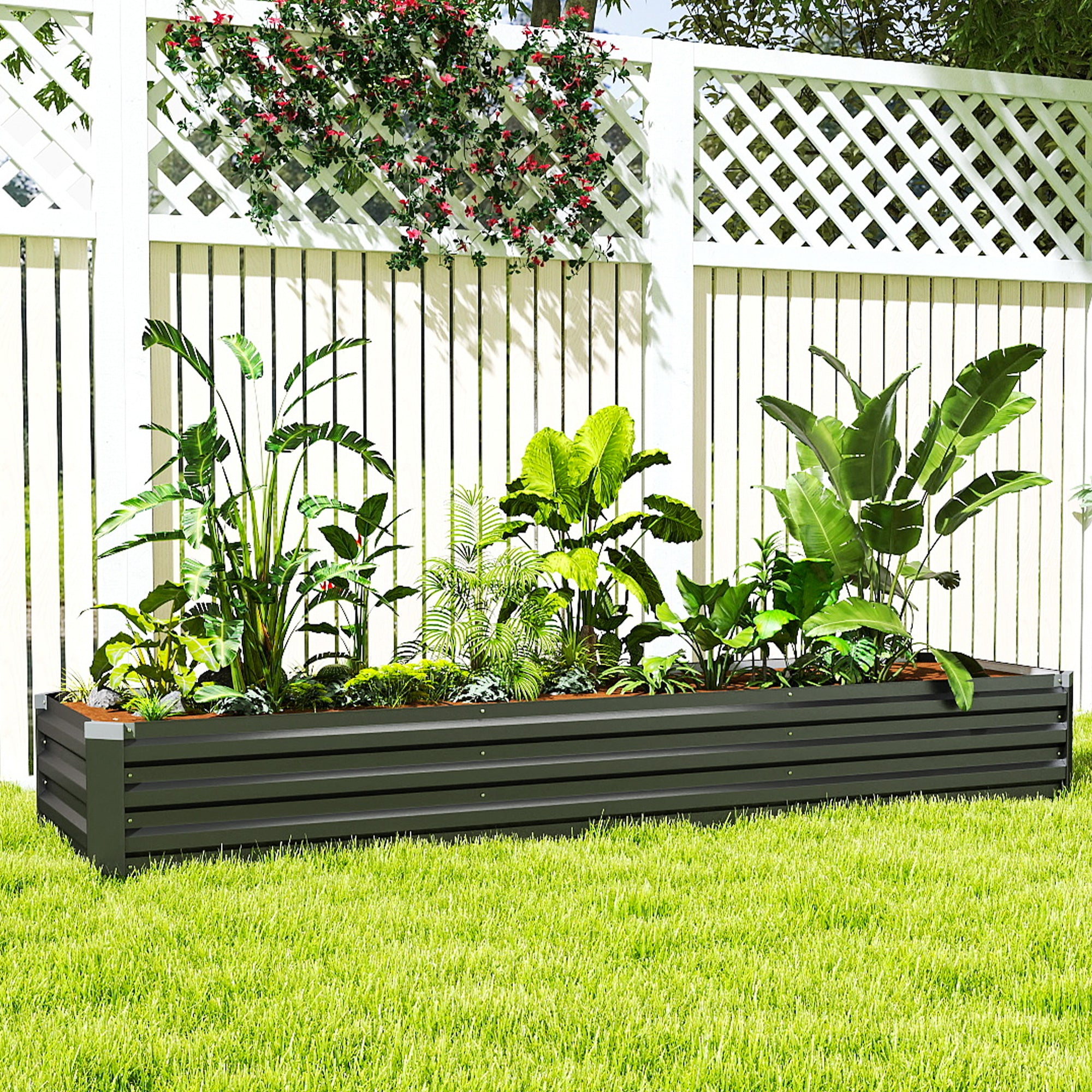 Outsunny Jardinera Exterior Grande Rectangular de Acero Galvanizado, Huerto Urbano para Cultivar Plantas Hierba, Macetero Grande Exterior con Base Abierta Resistente a la Intemperie 240x60x30 cm Gris