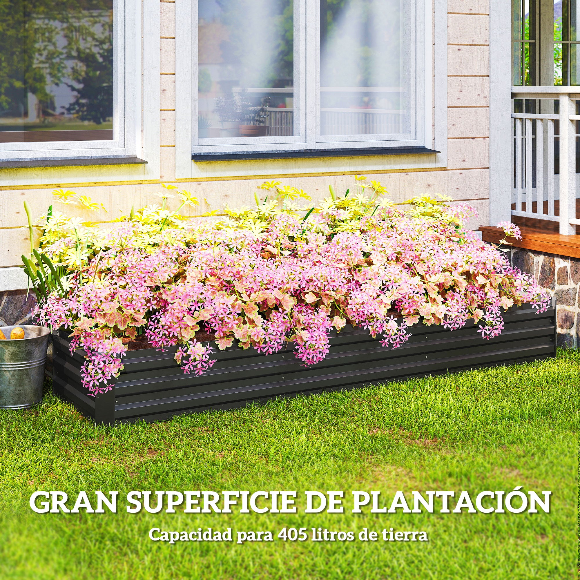 Outsunny Jardinera Exterior Grande Rectangular de Acero Galvanizado, Huerto Urbano para Cultivar Plantas Hierba, Macetero Grande Exterior con Base Abierta Resistente a la Intemperie 240x60x30 cm Gris