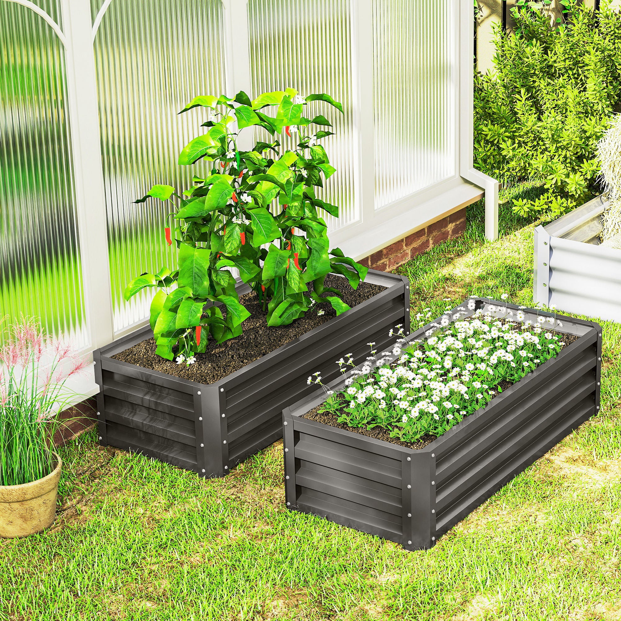 Outsunny Juego de 2 Jardineras Exterior Grandes de Acero Galvanizado, Huertos Urbanos, Maceteros Exterior Elevados para Plantas, Flores, Terraza, Jardín, Resistente a la Intemperie, 110x50x30 cm, Gris