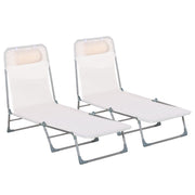 Outsunny Conjunto de 2 Tumbonas Plegables y Reclinables de Jardín con Reposacabezas y Respaldo Ajustable en 5 Niveles Carga 120 kg para Playa Terraza 182x56x24,5 cm Crema