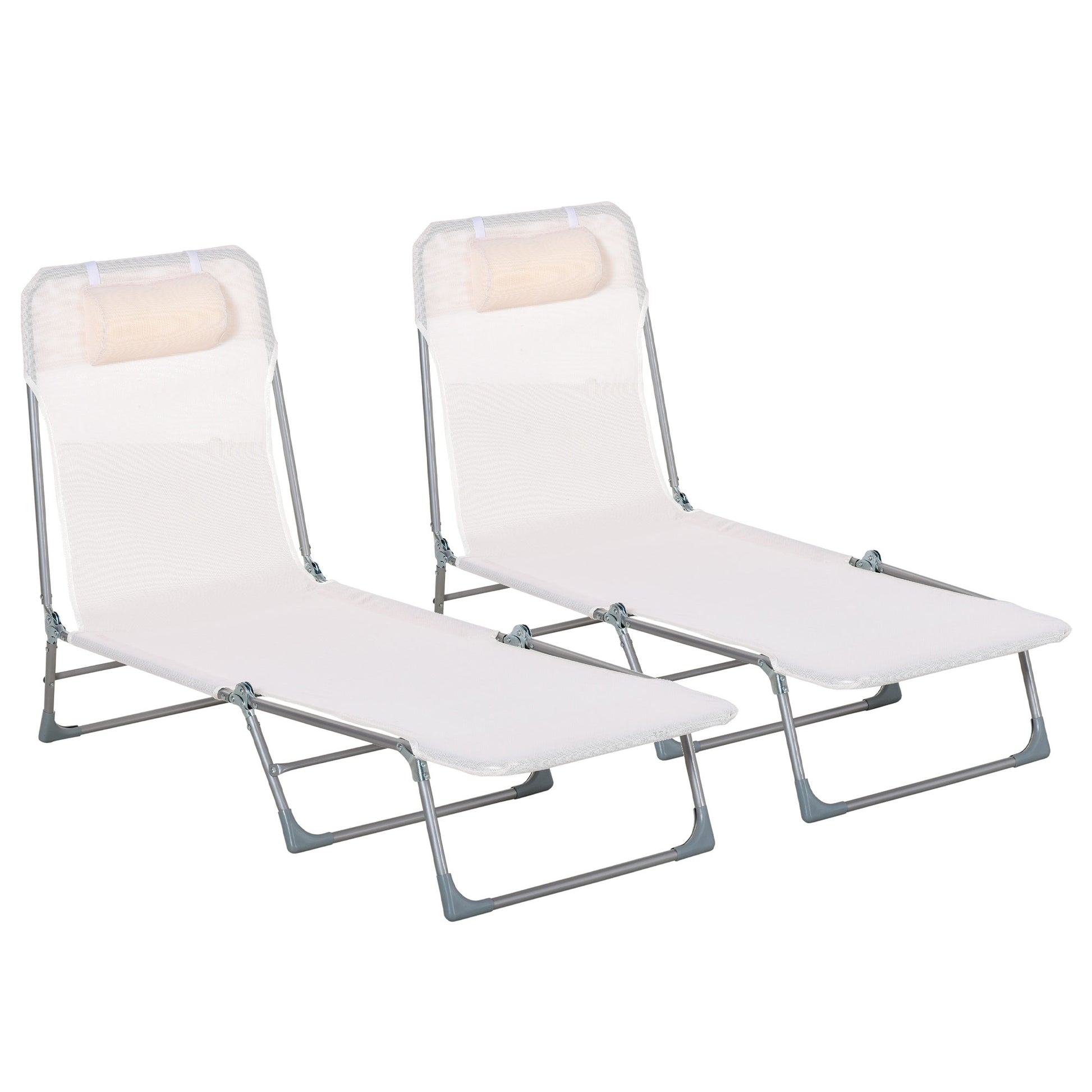 Outsunny Conjunto de 2 Tumbonas Plegables y Reclinables de Jardín con Reposacabezas y Respaldo Ajustable en 5 Niveles Carga 120 kg para Playa Terraza 182x56x24,5 cm Crema