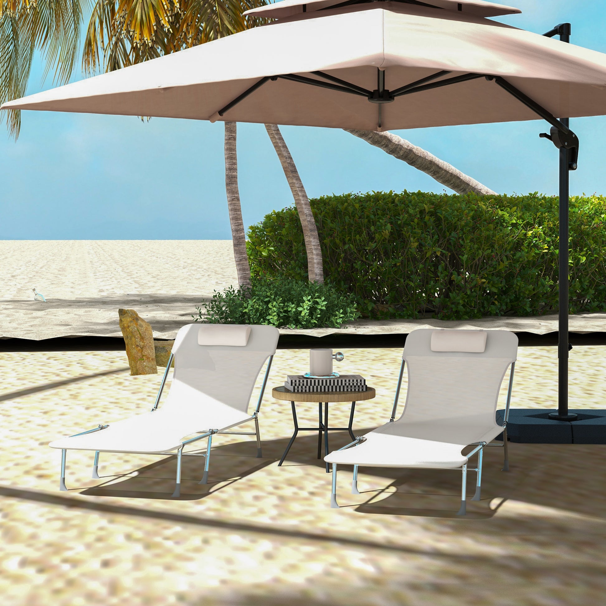 Outsunny Conjunto de 2 Tumbonas Plegables y Reclinables de Jardín con Reposacabezas y Respaldo Ajustable en 5 Niveles Carga 120 kg para Playa Terraza 182x56x24,5 cm Crema