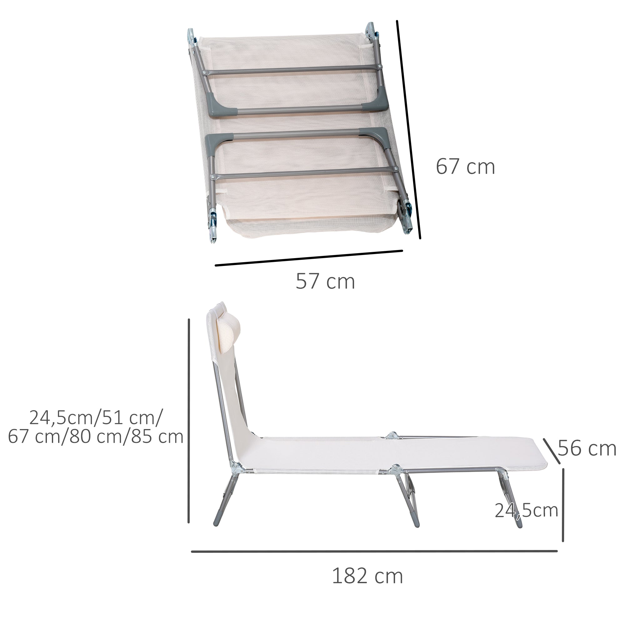 Outsunny Conjunto de 2 Tumbonas Plegables y Reclinables de Jardín con Reposacabezas y Respaldo Ajustable en 5 Niveles Carga 120 kg para Playa Terraza 182x56x24,5 cm Crema