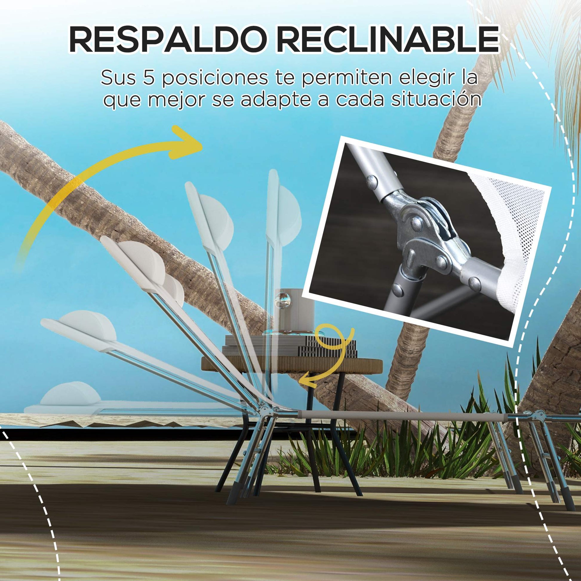 Outsunny Conjunto de 2 Tumbonas Plegables y Reclinables de Jardín con Reposacabezas y Respaldo Ajustable en 5 Niveles Carga 120 kg para Playa Terraza 182x56x24,5 cm Crema