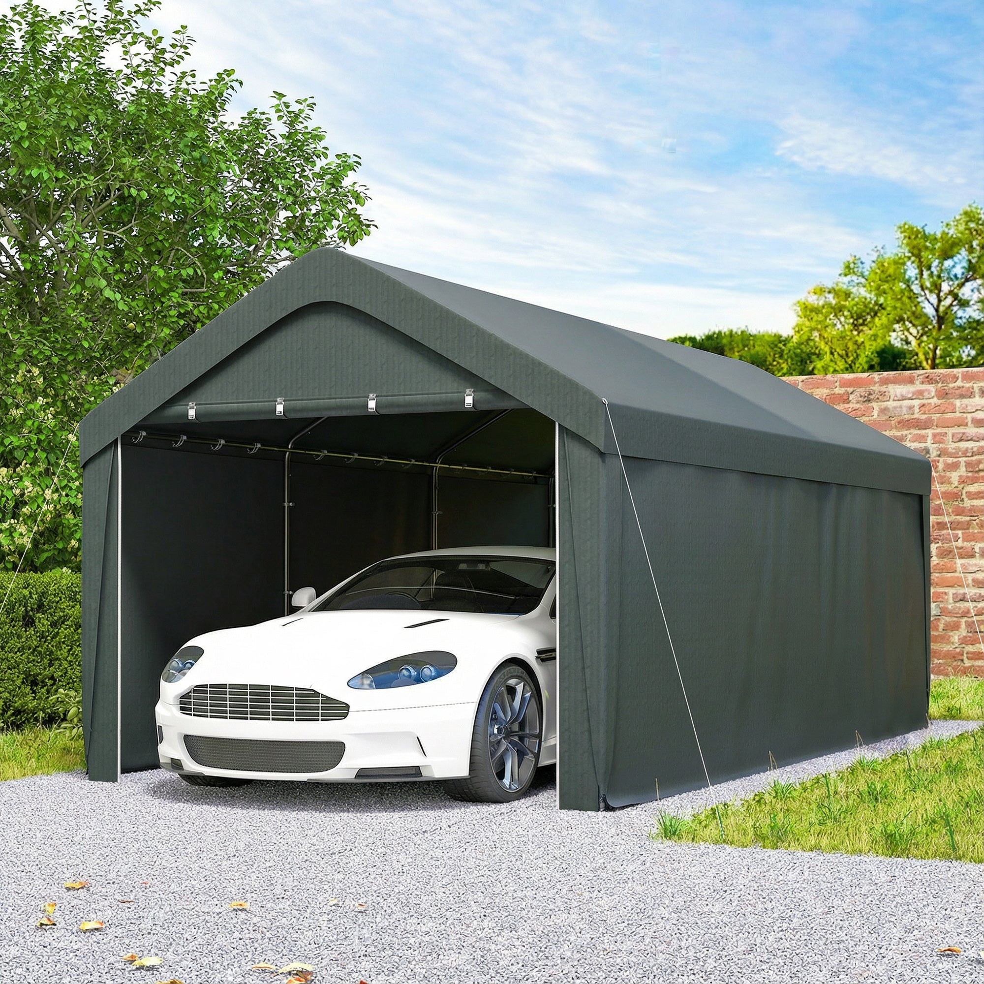 Outsunny Carpa Garaje Portátil 3x6 m, Garaje Exterior para Coche Impermeable con Paredes Laterales Desmontables, Anti-UV, 2 Puertas Enrollables, Cobertizo para Herramientas de Jardín, Gris Oscuro