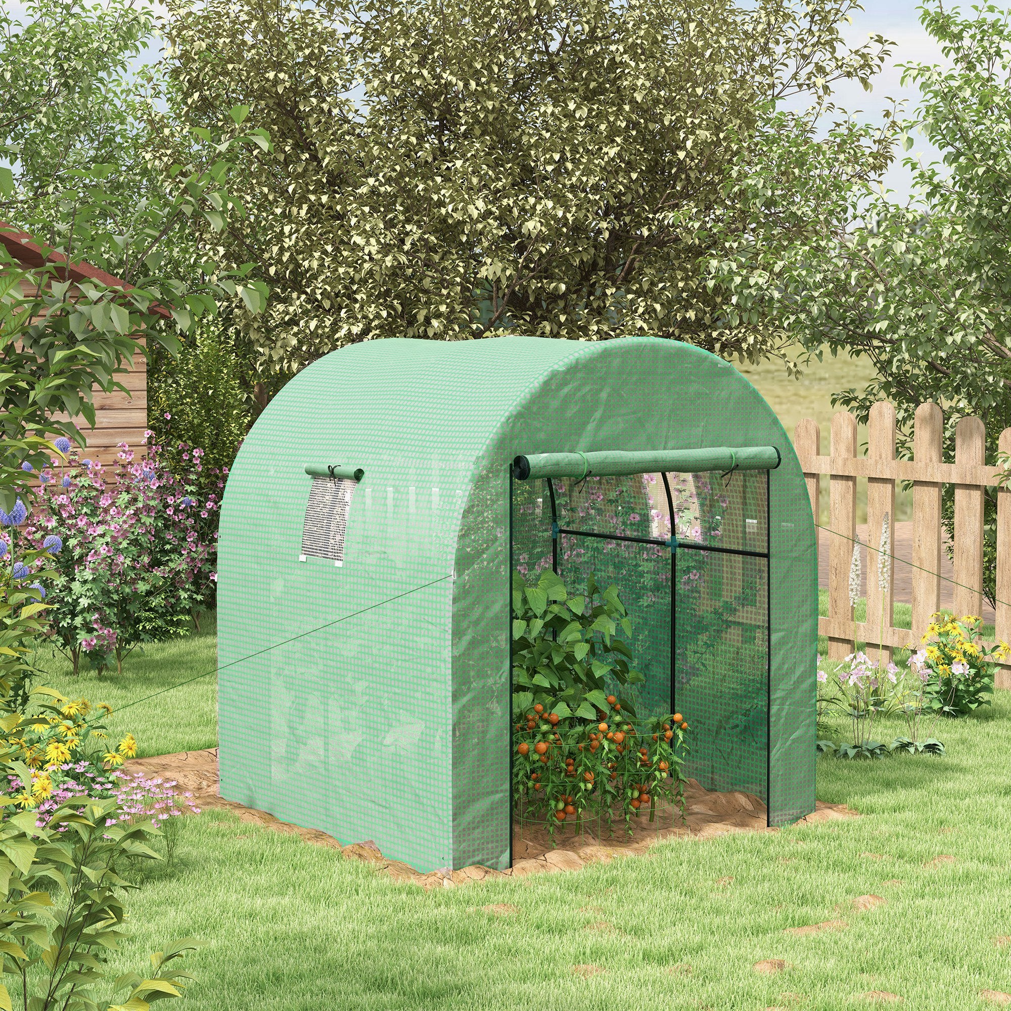 Outsunny Invernadero de Exterior, Invernadero de Túnel con 2 Puertas Enrollables, 2 Ventanas de Malla, Cubierta PE 135g/m², Anti-UV, Marco de Acero, para Cultivos, Plantas, 180x180x200 cm, Verde