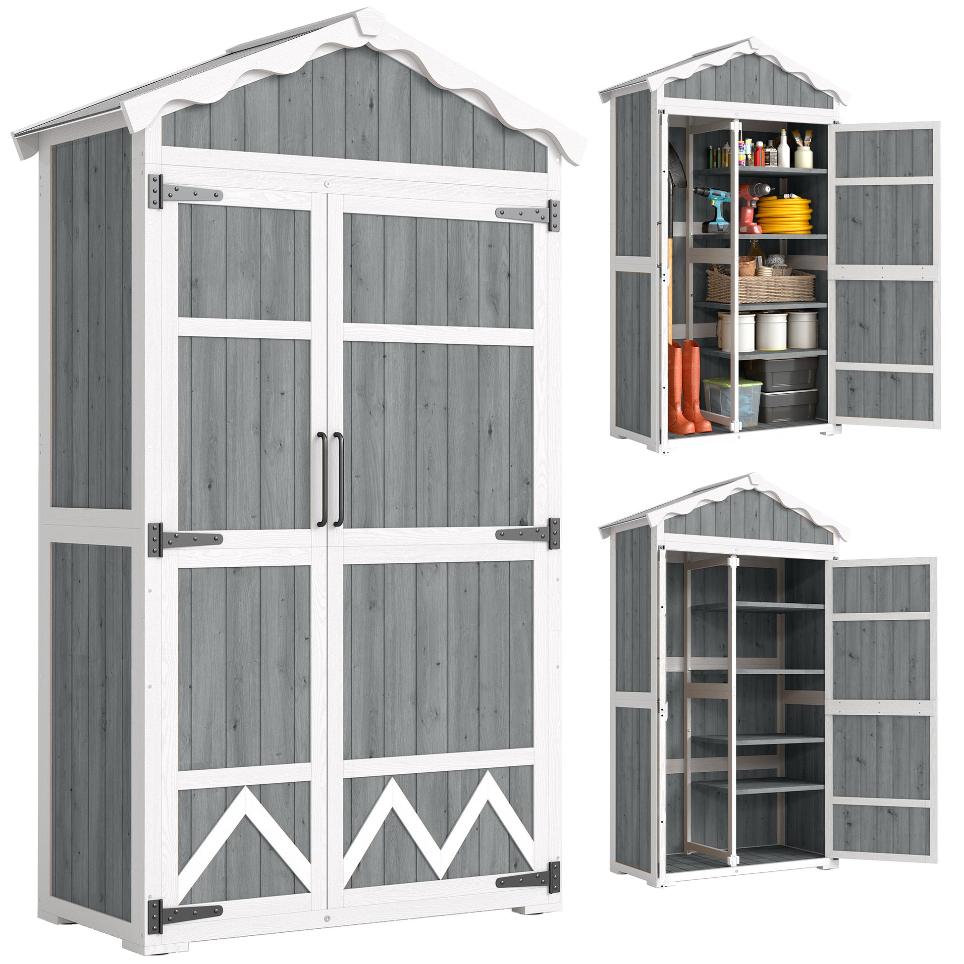 Outsunny Caseta de Jardín de Madera 105x55x179 cm Cobertizo Jardín Exterior Impermeable Armario Exterior Herramientas con Puertas 4 Estantes Extraíbles Techo Metal Galvanizado Pies Ajustables Gris