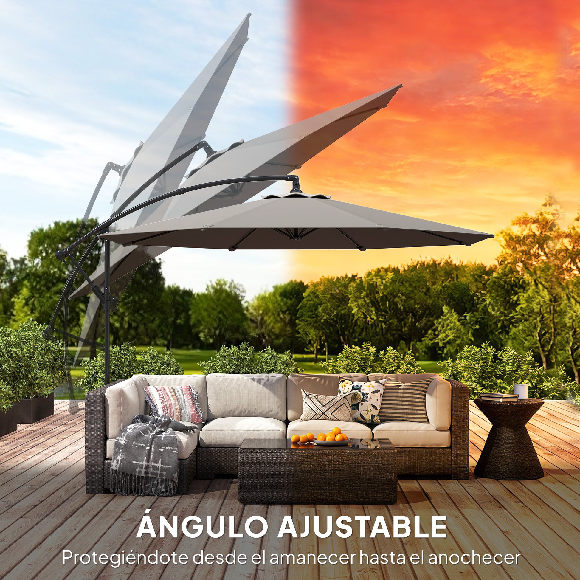Outsunny Parasol Excéntrico, Ø300 cm, Sombrilla de Jardín con Base Cruzada, Toldo Ajustable, Manivela, 8 Barras, UPF30+, para Terraza, Patio, Exterior, Gris