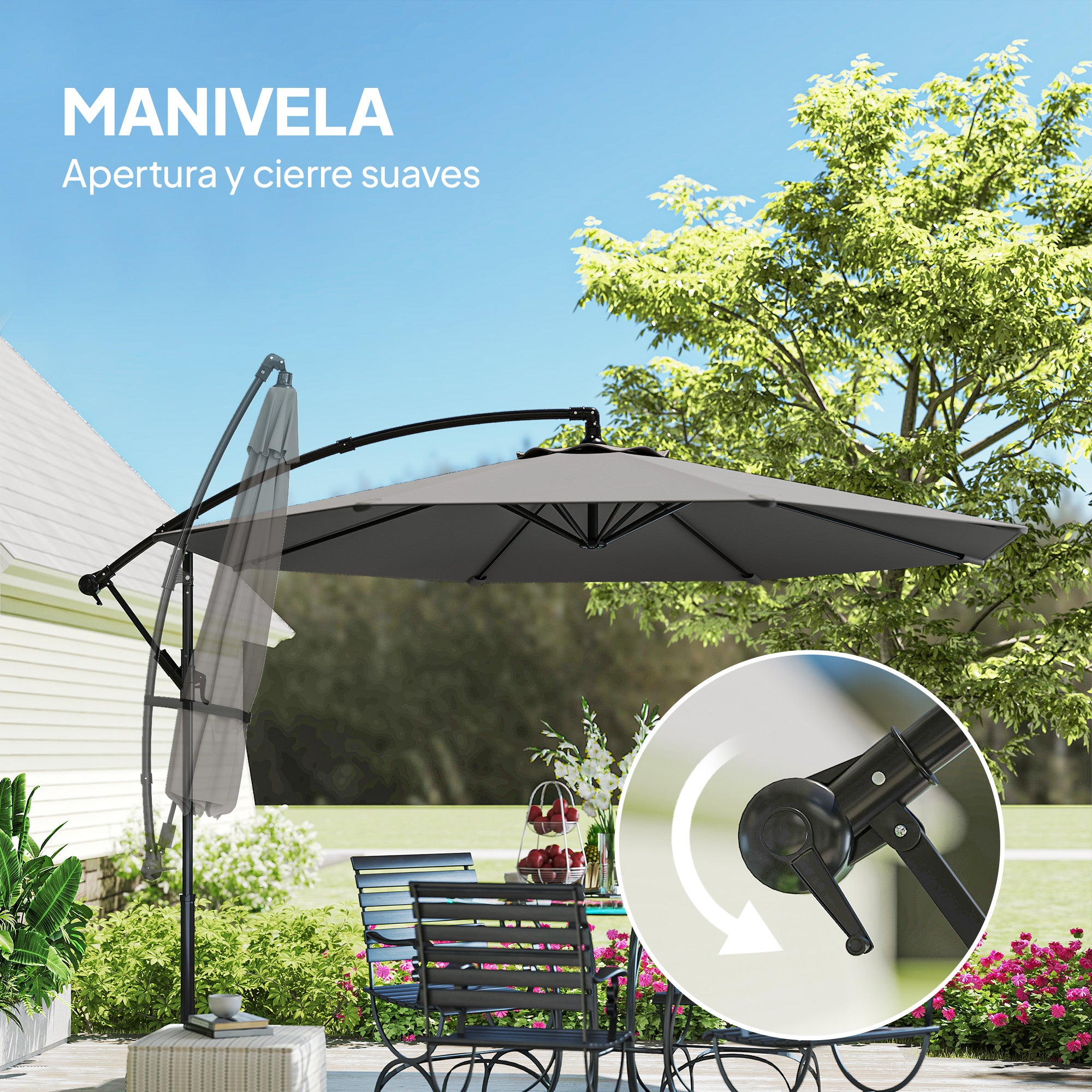 Outsunny Parasol Excéntrico, Ø300 cm, Sombrilla de Jardín con Base Cruzada, Toldo Ajustable, Manivela, 8 Barras, UPF30+, para Terraza, Patio, Exterior, Gris