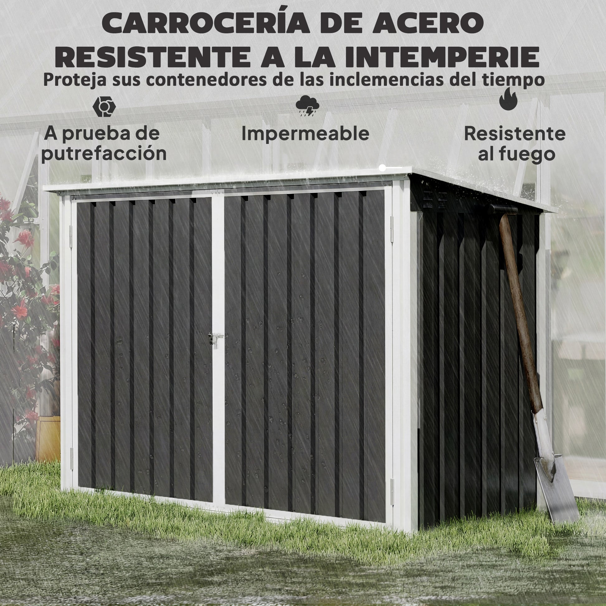 Outsunny Cobertizo para Contenedor de Basura Doble, Caseta para Cubo de Basura de Acero Galvanizado con Tapa Abatible y Puertas Doble, para Jardín, Exterior, 179,5x108x129,5 cm, Gris Oscuro