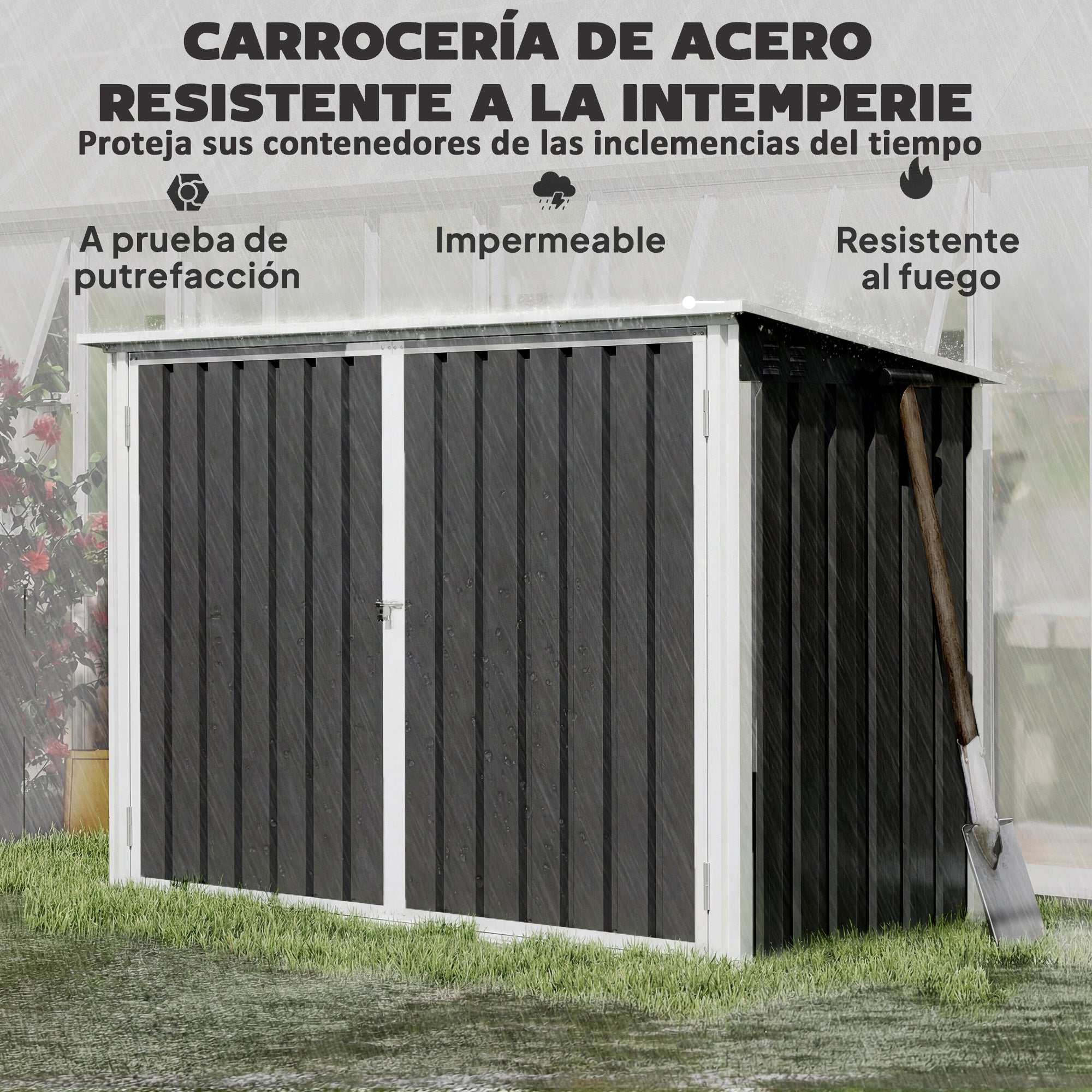Outsunny Cobertizo para Contenedor de Basura Doble, Caseta para Cubo de Basura de Acero Galvanizado con Tapa Abatible y Puertas Doble, para Jardín, Exterior, 179,5x108x129,5 cm, Gris Oscuro