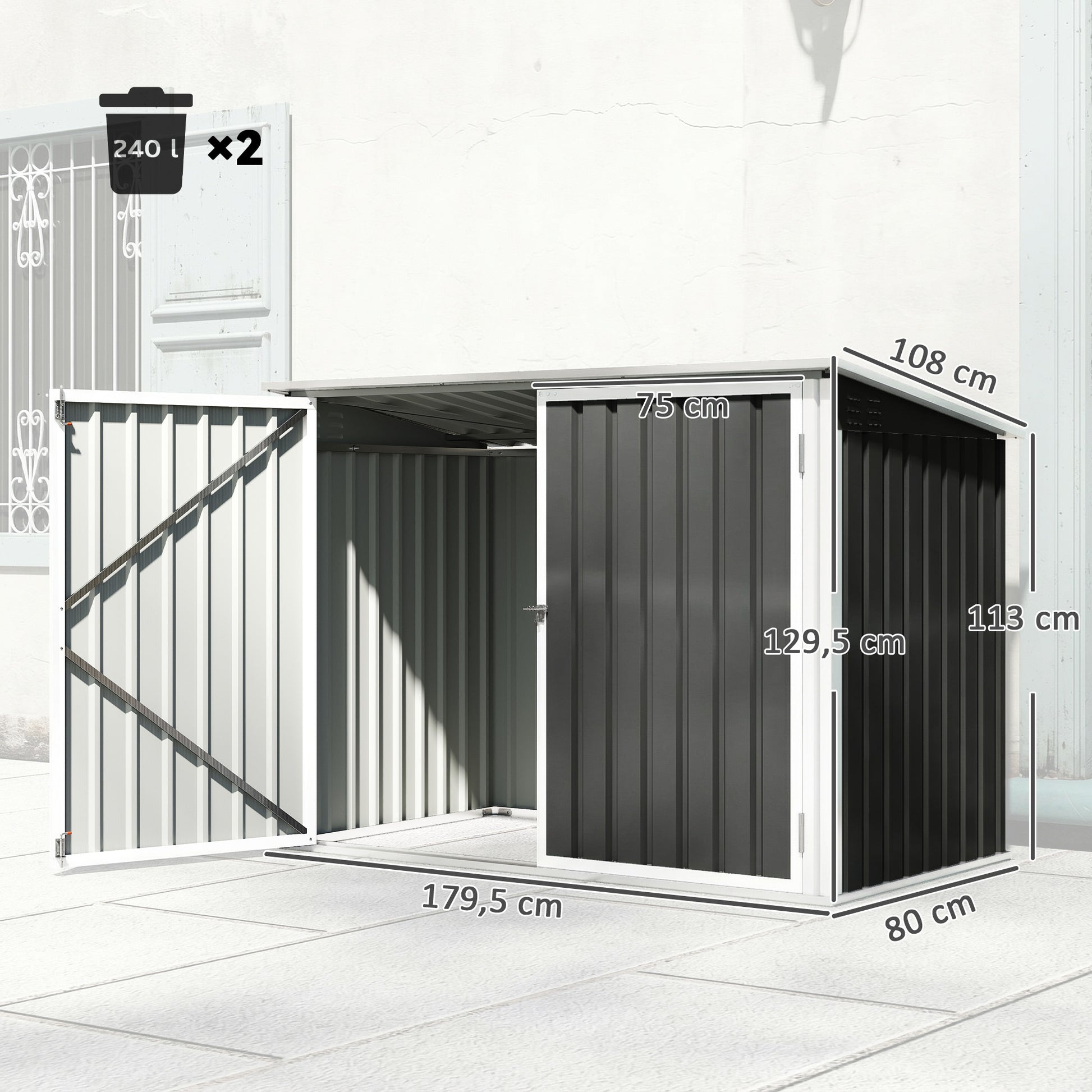 Outsunny Cobertizo para Contenedor de Basura Doble, Caseta para Cubo de Basura de Acero Galvanizado con Tapa Abatible y Puertas Doble, para Jardín, Exterior, 179,5x108x129,5 cm, Gris Oscuro