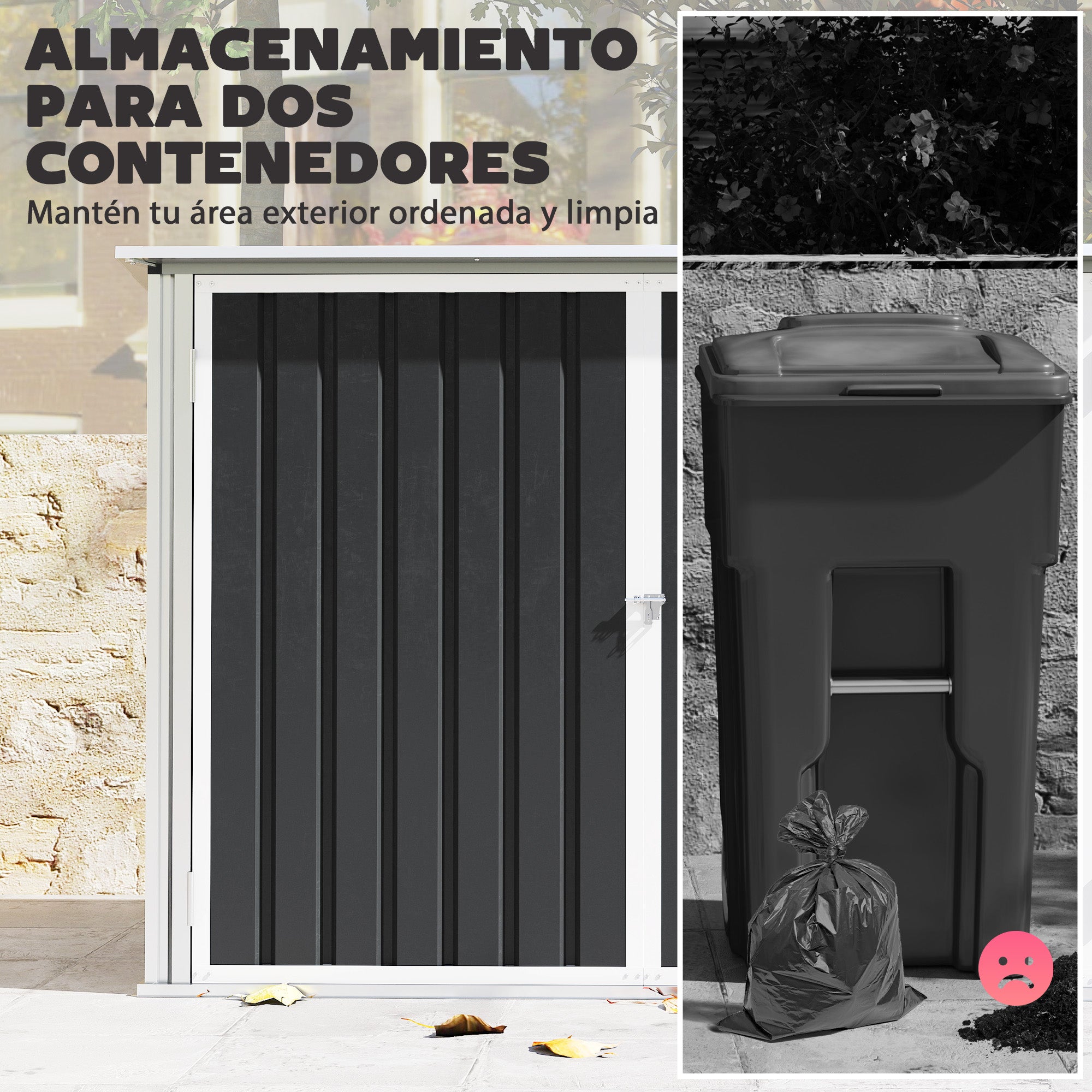 Outsunny Cobertizo para Contenedor de Basura Doble, Caseta para Cubo de Basura de Acero Galvanizado con Tapa Abatible y Puertas Doble, para Jardín, Exterior, 179,5x108x129,5 cm, Gris Oscuro