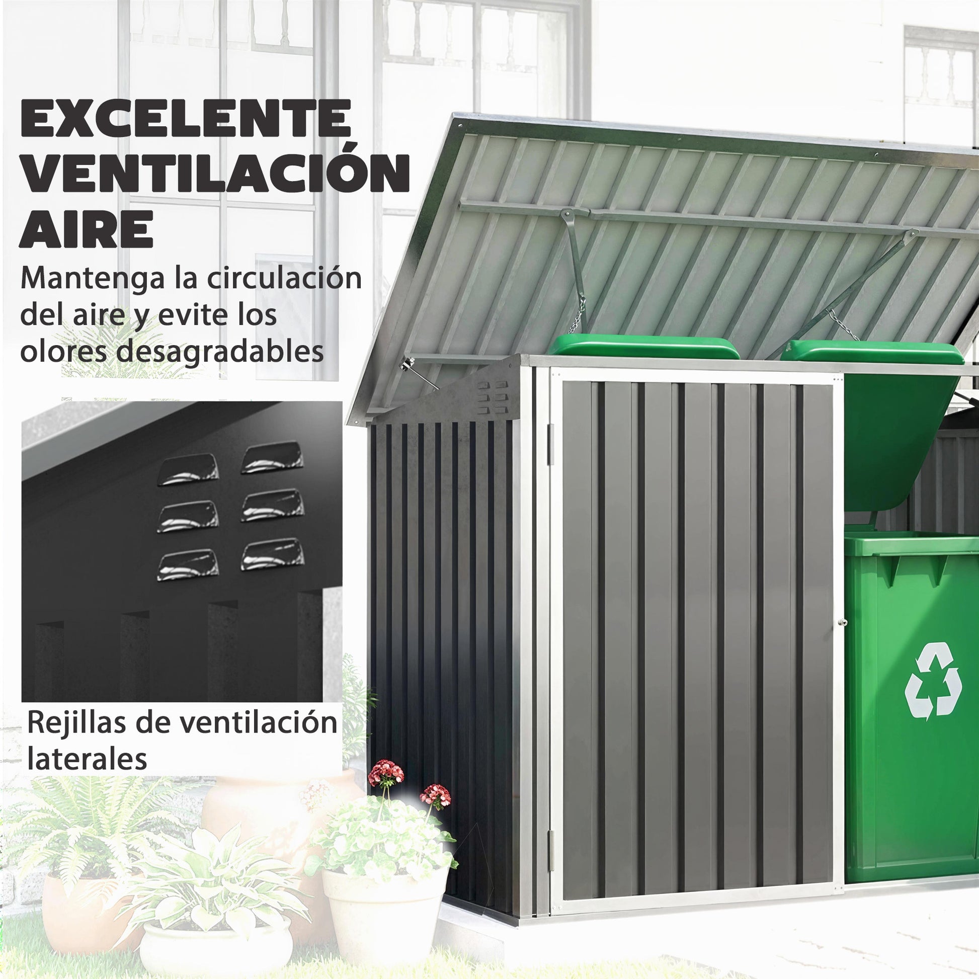 Outsunny Cobertizo para Contenedor de Basura Doble, Caseta para Cubo de Basura de Acero Galvanizado con Tapa Abatible y Puertas Doble, para Jardín, Exterior, 179,5x108x129,5 cm, Gris Oscuro