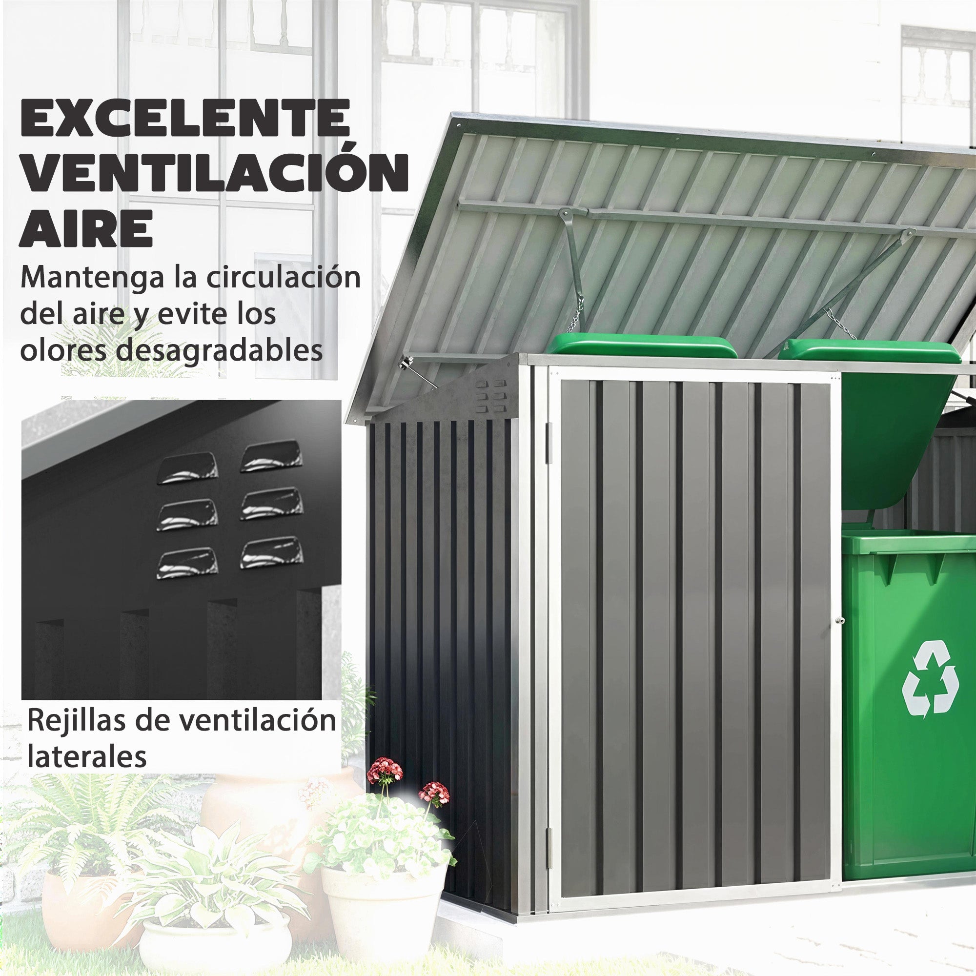 Outsunny Cobertizo para Contenedor de Basura Doble, Caseta para Cubo de Basura de Acero Galvanizado con Tapa Abatible y Puertas Doble, para Jardín, Exterior, 179,5x108x129,5 cm, Gris Oscuro