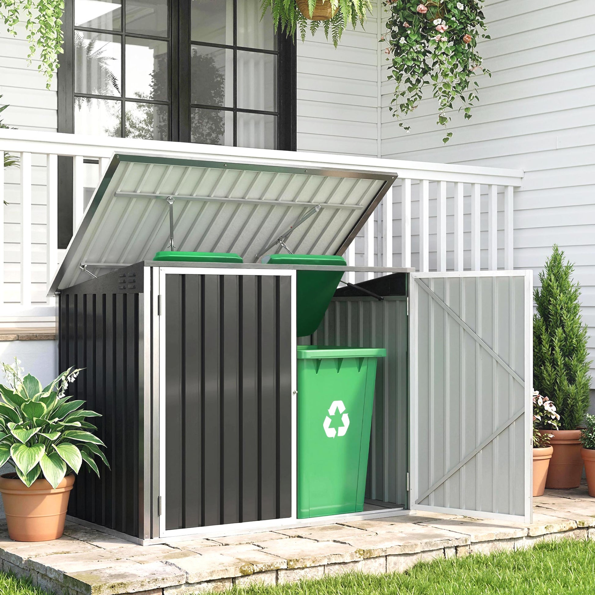 Outsunny Cobertizo para Contenedor de Basura Doble, Caseta para Cubo de Basura de Acero Galvanizado con Tapa Abatible y Puertas Doble, para Jardín, Exterior, 179,5x108x129,5 cm, Gris Oscuro