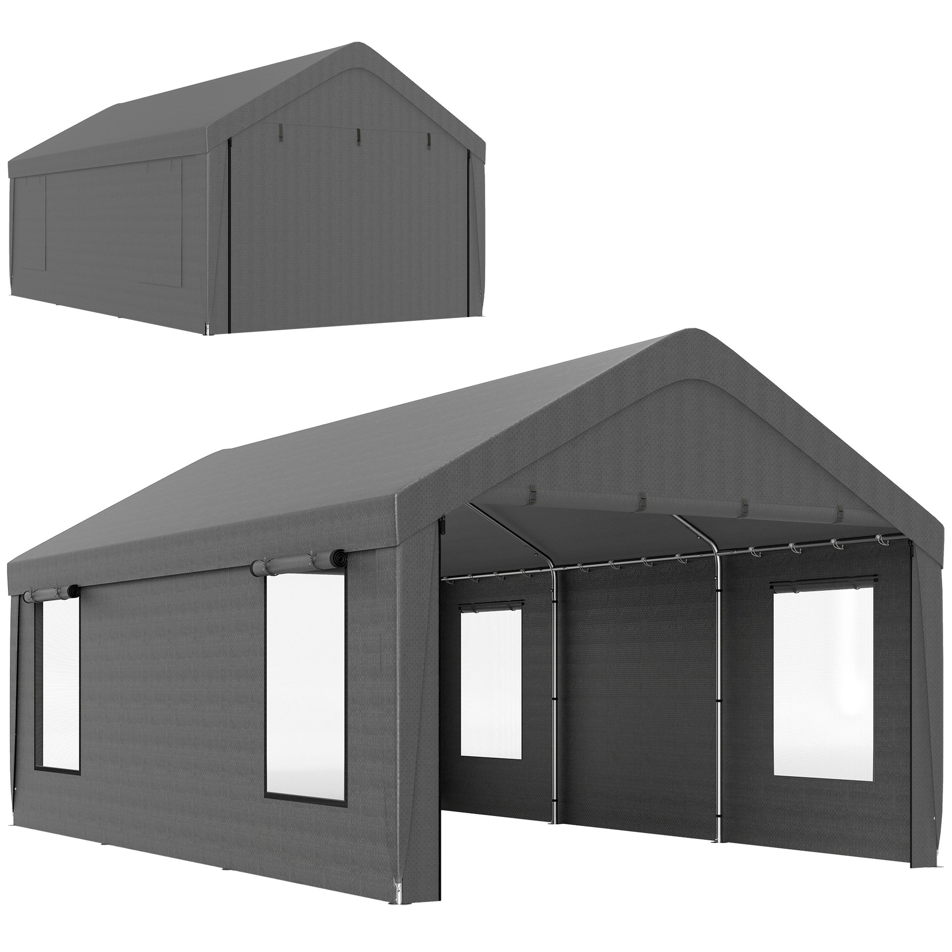 Outsunny Carpa Garaje Portátil 6x3,6 m, Garaje Exterior para Coche Impermeable, Cobertizo de Almacenamiento Anti-UV, con Paredes Laterales Desmontables y 2 Puertas con Cremallera, para Coche, Gris