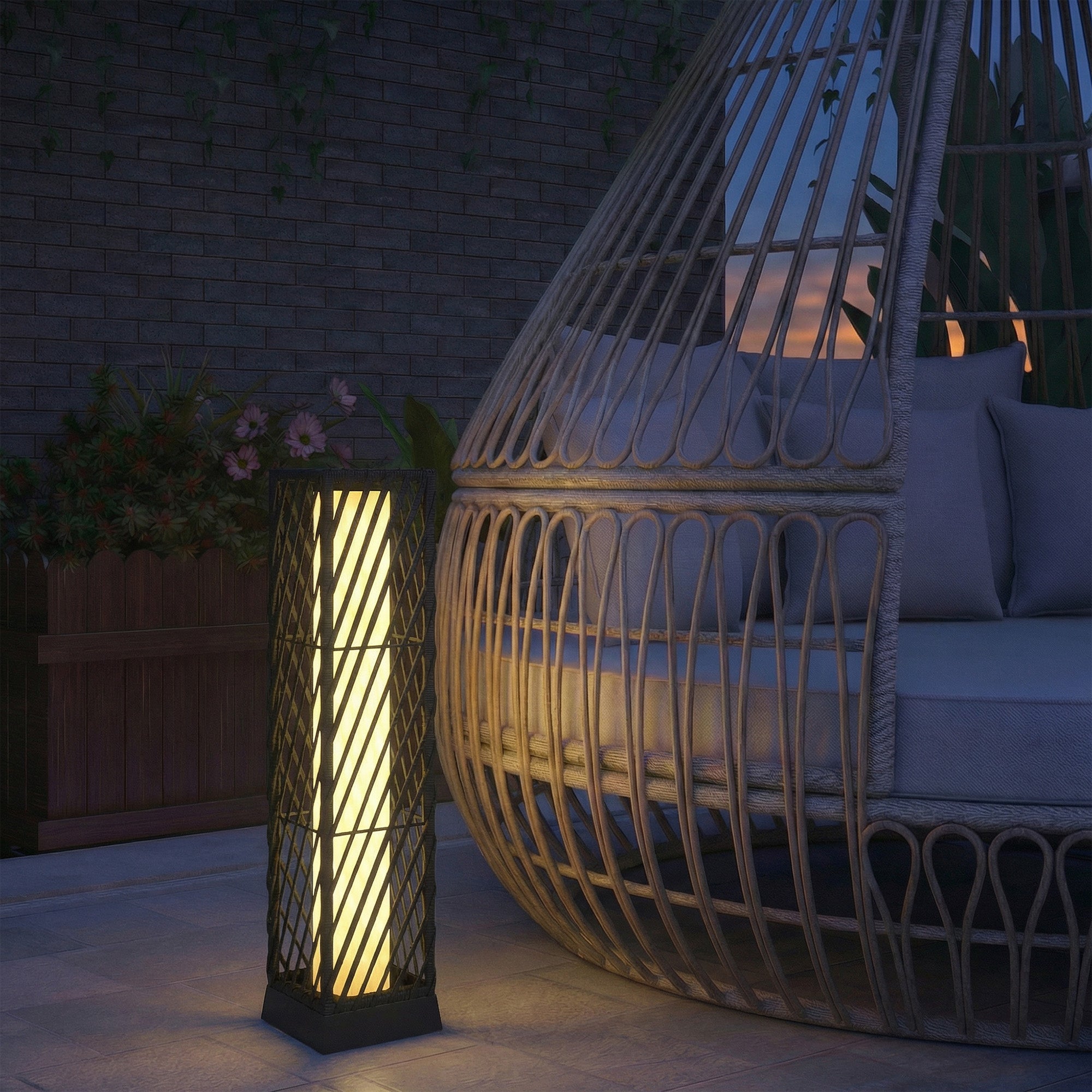 Outsunny Linterna de Jardín de Ratán, Farola Solar Exterior con Luces LED Encendido y Apagado Automático, Impermeable, IP44, Lámpara de pie para Terraza, Balcón, Patio, 16x16x68 cm, Negro