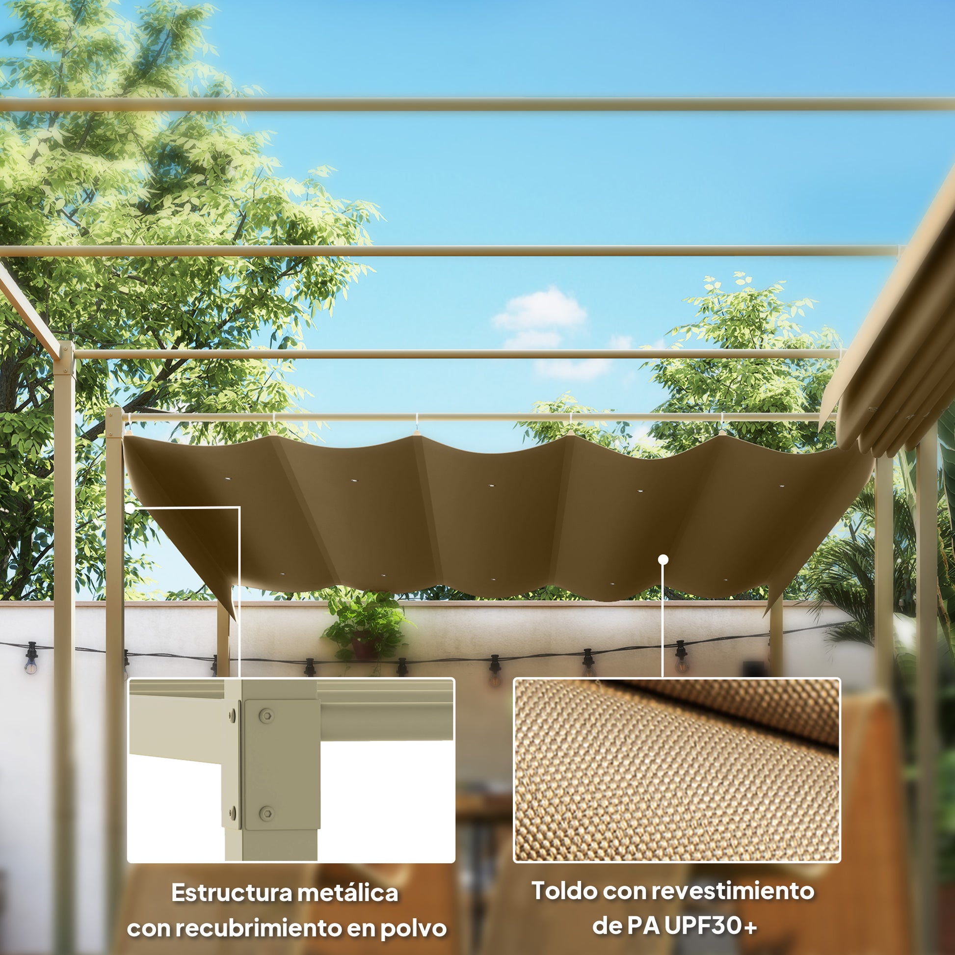 Outsunny Pérgola con Techo Retráctil Pérgola de 3x3 m Cenador de Pared o Independiente con Cierre Magnético Protección UV30+ Pabellón para Jardín Patio Terraza Exterior Caqui