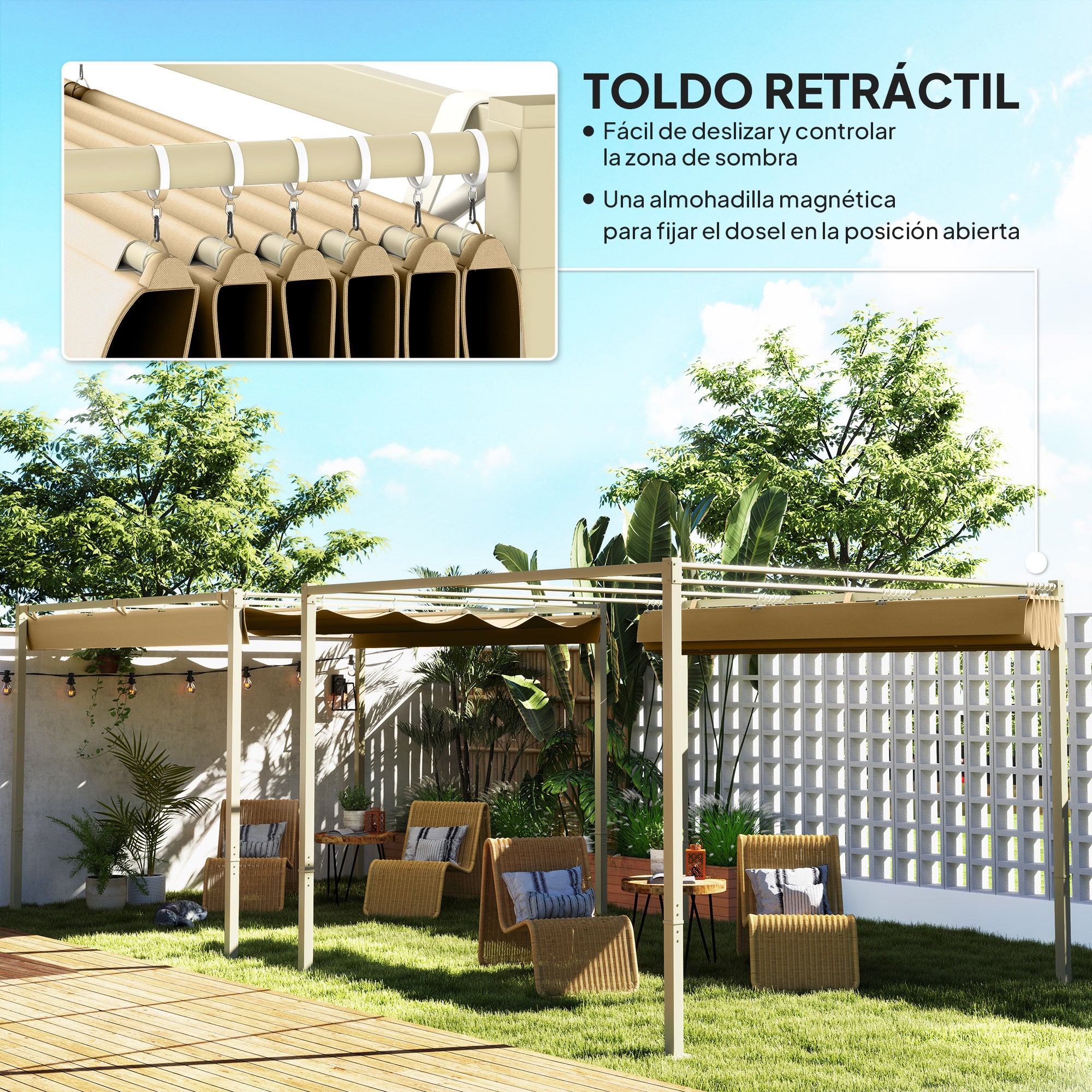 Outsunny Pérgola con Techo Retráctil Pérgola de 3x3 m Cenador de Pared o Independiente con Cierre Magnético Protección UV30+ Pabellón para Jardín Patio Terraza Exterior Caqui