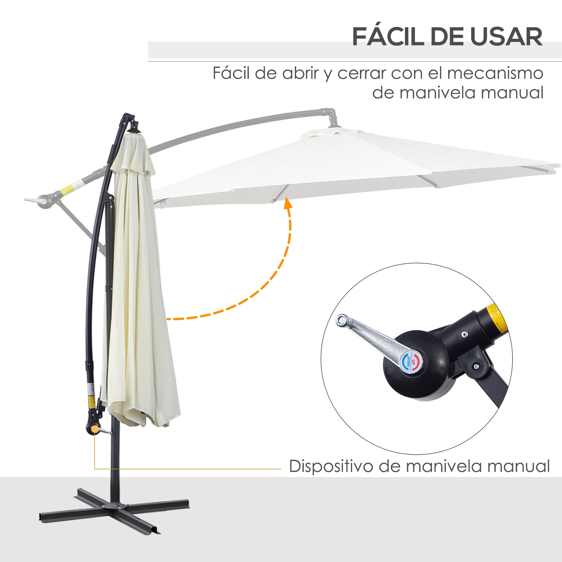 Outsunny Parasol Excéntrico Ø 295 cm Sombrilla de Jardín con Ángulo Ajustable Base Cruzada y Manivela Sombrilla para Terraza Patio Crema