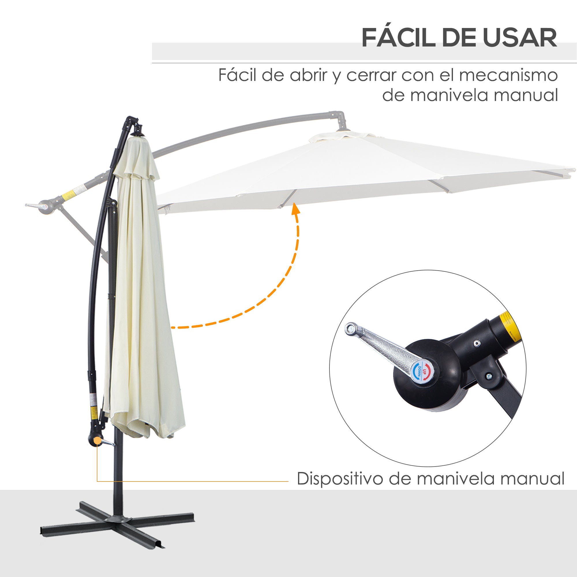Outsunny Parasol Excéntrico Ø 295 cm Sombrilla de Jardín con Ángulo Ajustable Base Cruzada y Manivela Sombrilla para Terraza Patio Crema