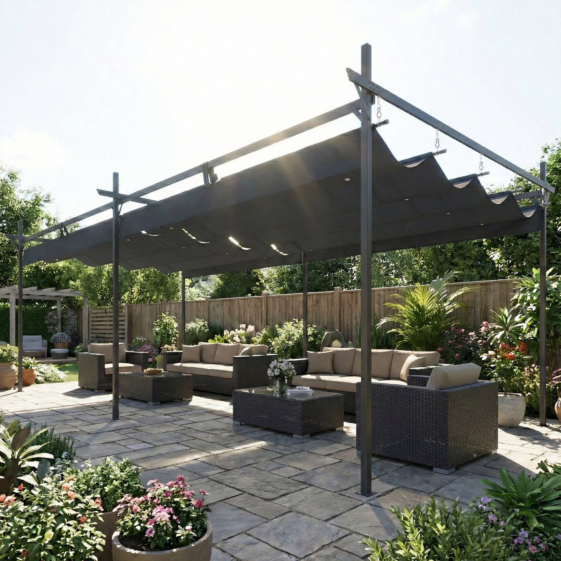 Outsunny Pérgola de Jardín 6x3 m con Techo Retráctil, Cenador de Jardín con UPF30+, Estructura Metálica, Tela de Poliéster, Pabellón para Exterior, Terraza, Gris Oscuro