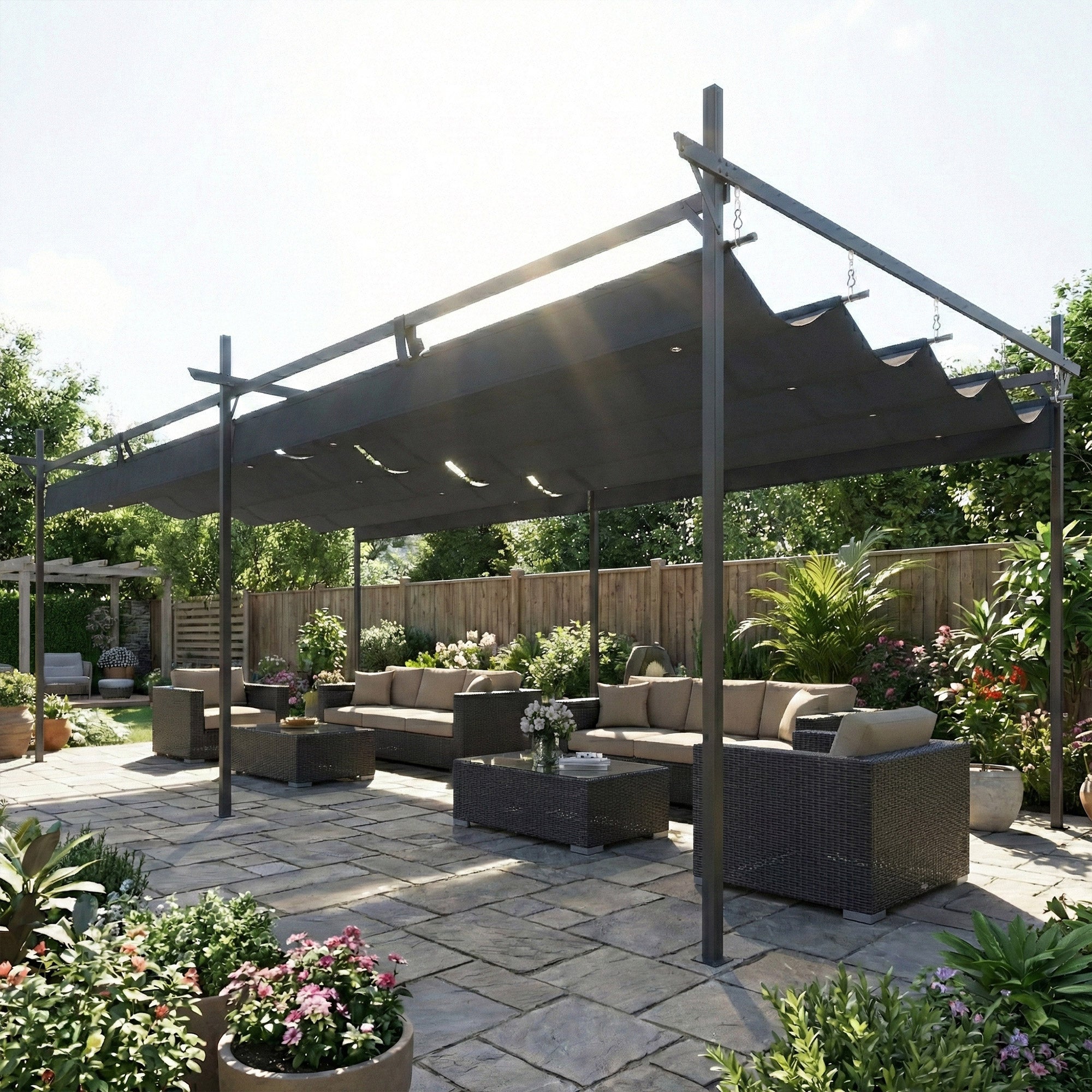 Outsunny Pérgola de Jardín 6x3 m con Techo Retráctil, Cenador de Jardín con UPF30+, Estructura Metálica, Tela de Poliéster, Pabellón para Exterior, Terraza, Gris Oscuro