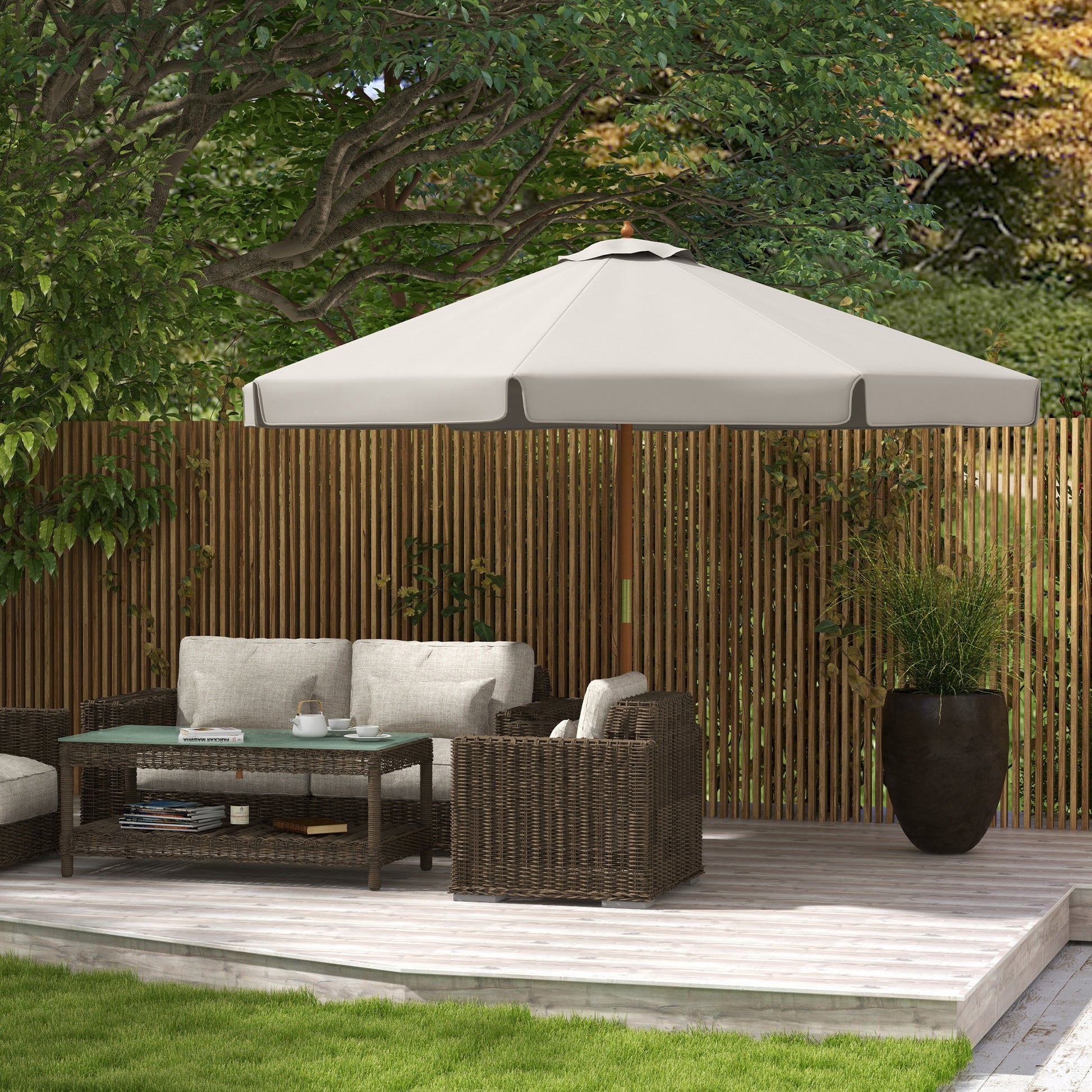 Outsunny Sombrilla Terraza Exterior Ø325 cm Sombrilla de Jardín con Sistema de Polea Techo Ventilado 8 Varillas de Bambú y Poste de Madera Parasol para Patio Terraza Gris