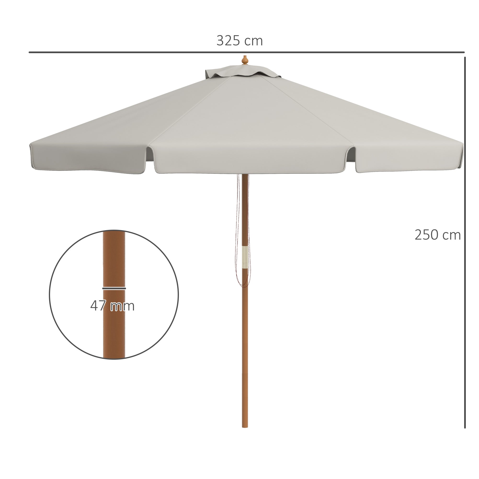 Outsunny Sombrilla Terraza Exterior Ø325 cm Sombrilla de Jardín con Sistema de Polea Techo Ventilado 8 Varillas de Bambú y Poste de Madera Parasol para Patio Terraza Gris